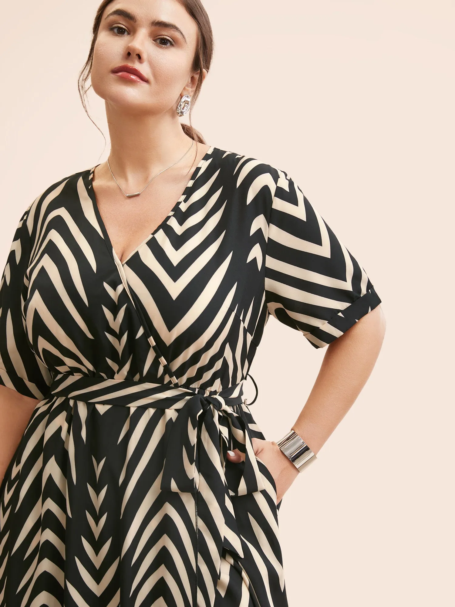 Geometric Striped Overlap Collar Midi Dress sold by Bloomchic product image thumbnail 2