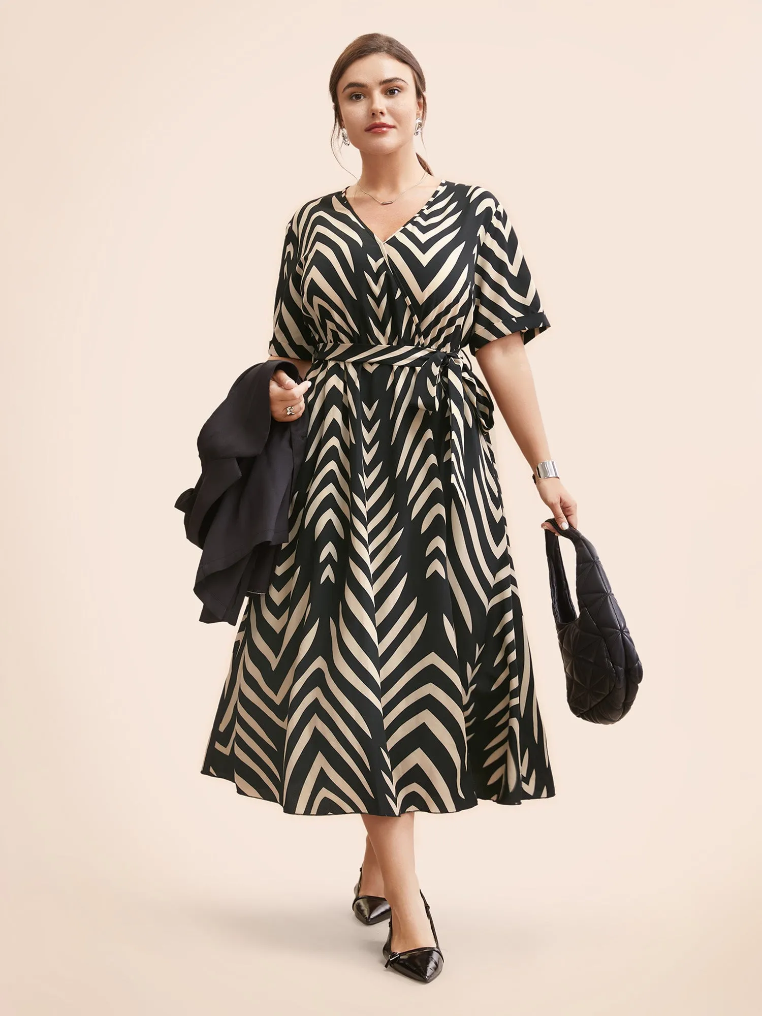 Geometric Striped Overlap Collar Midi Dress sold by Bloomchic product image thumbnail 3
