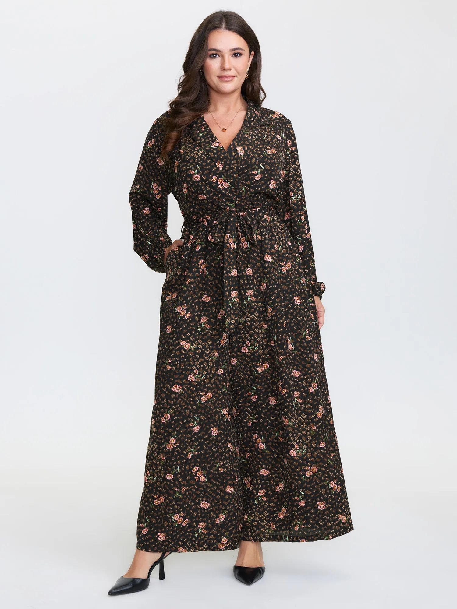 Floral Leopard Print Belted Collar Jumpsuit sold by Bloomchic