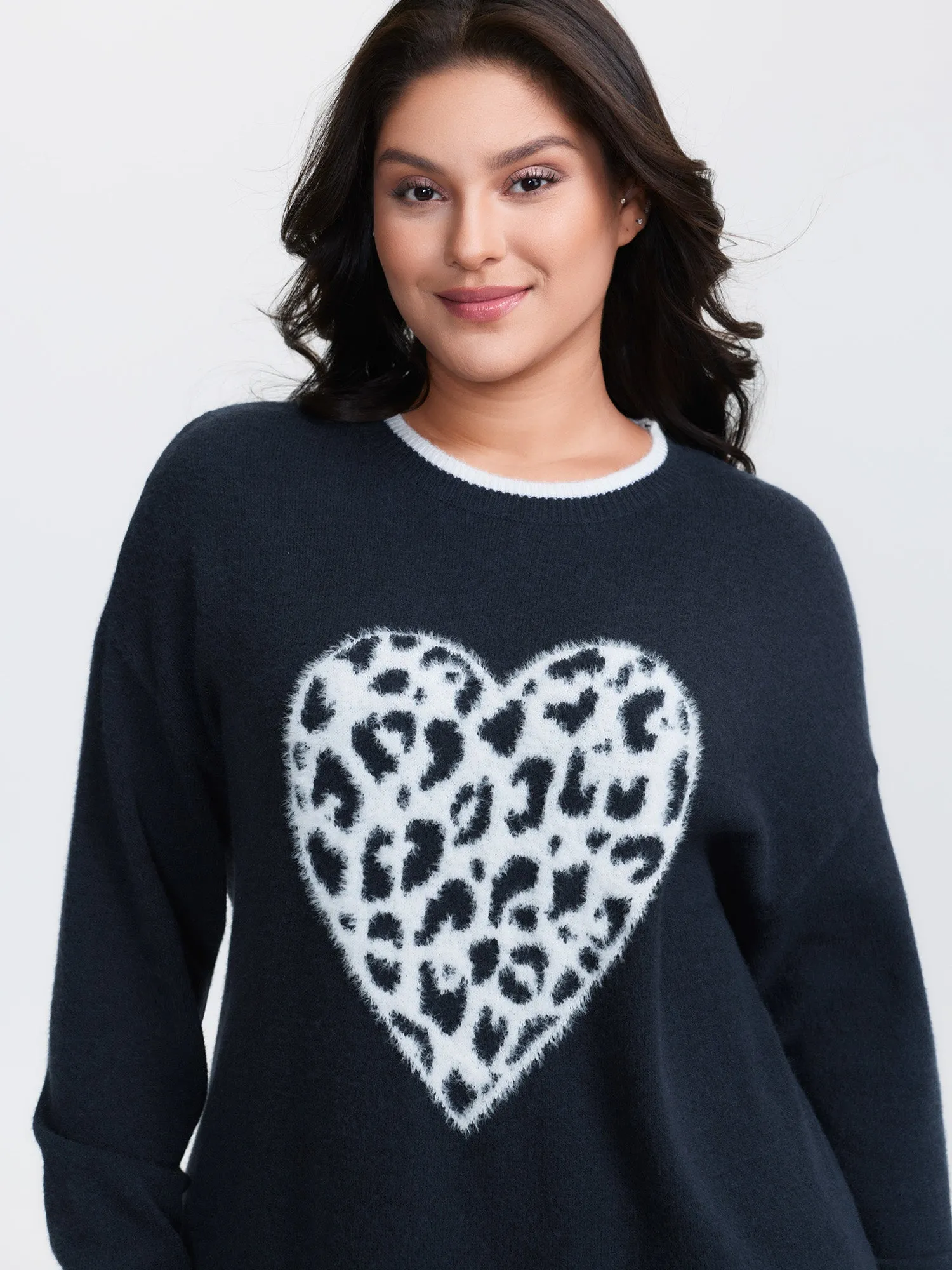 Leopard Heart Fluffy Texture Pullover sold by Bloomchic