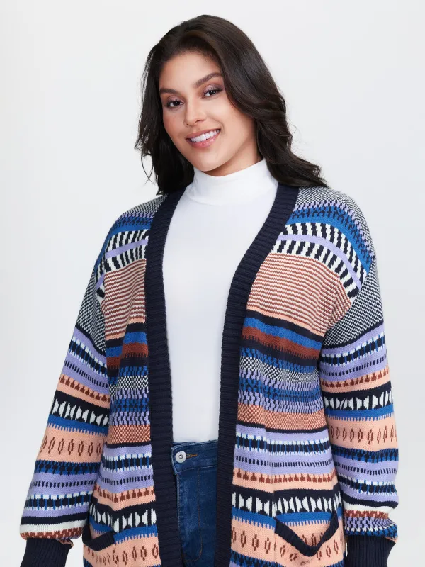 Multicolor Stripe Jacquard Pockets Knit Cardigan sold by Bloomchic