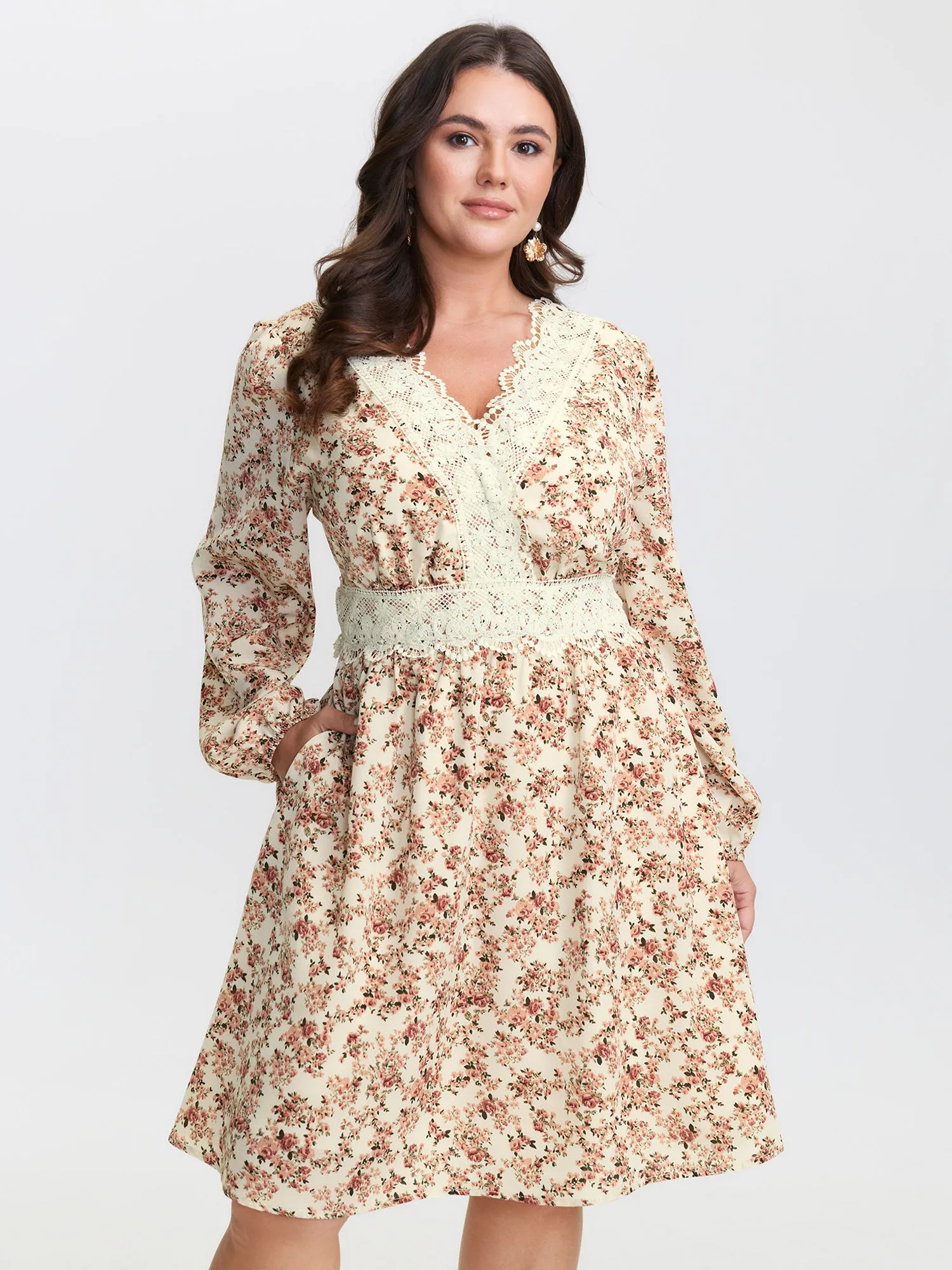 Floral Print Lace Trim Shirred Midi Dress sold by Bloomchic
