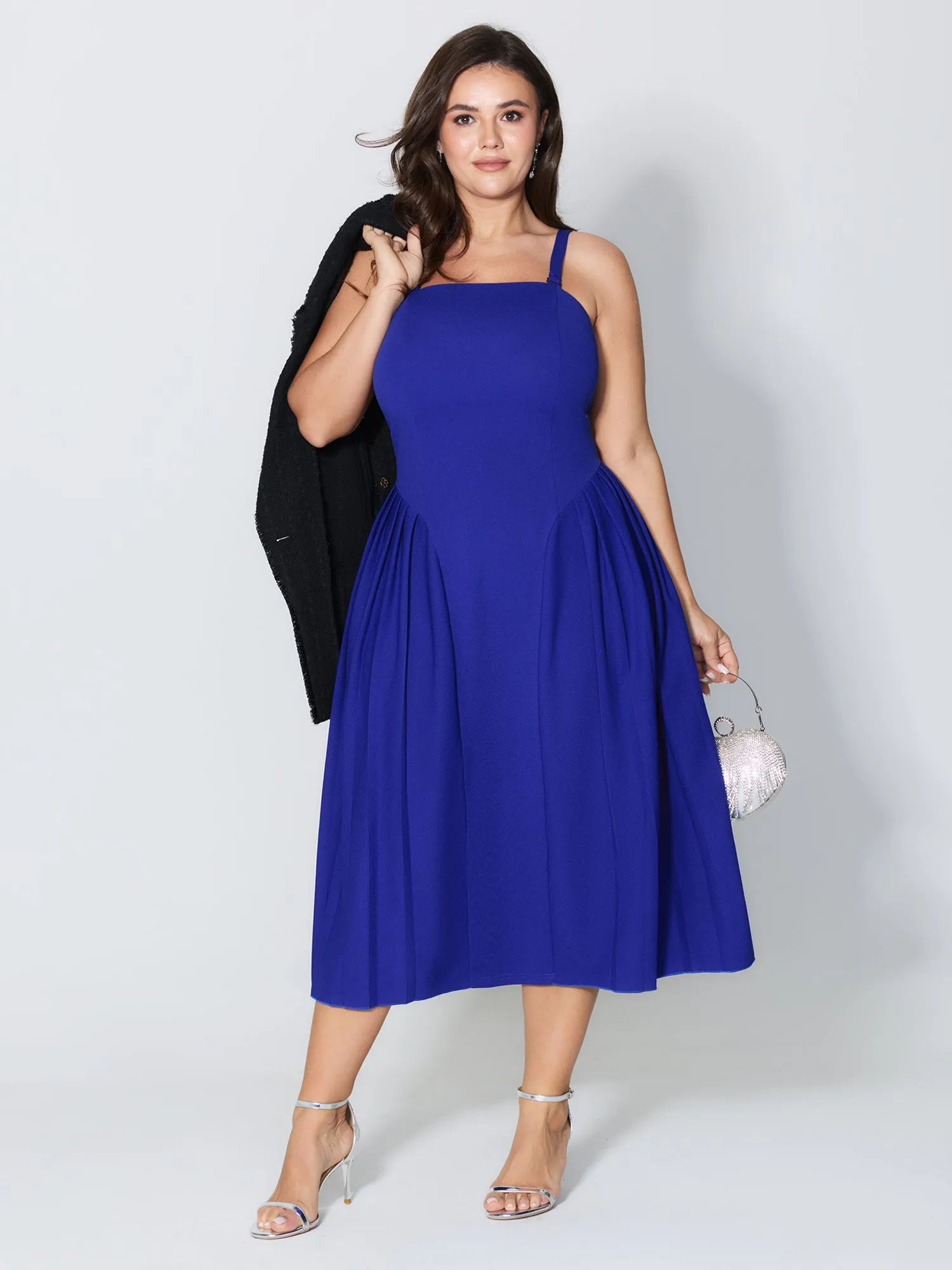 Detachable Shoulder Straps Pleated Midi Dress sold by Bloomchic