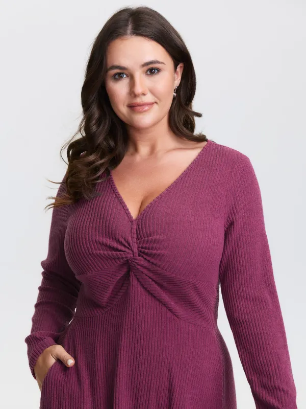 Twist Bodice Ribbed V-Neck Midi Dress sold by Bloomchic