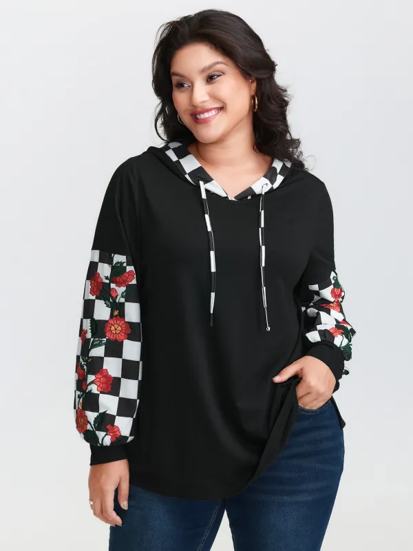 Checkered Stretchy Color Contrast Hoodie sold by Bloomchic
