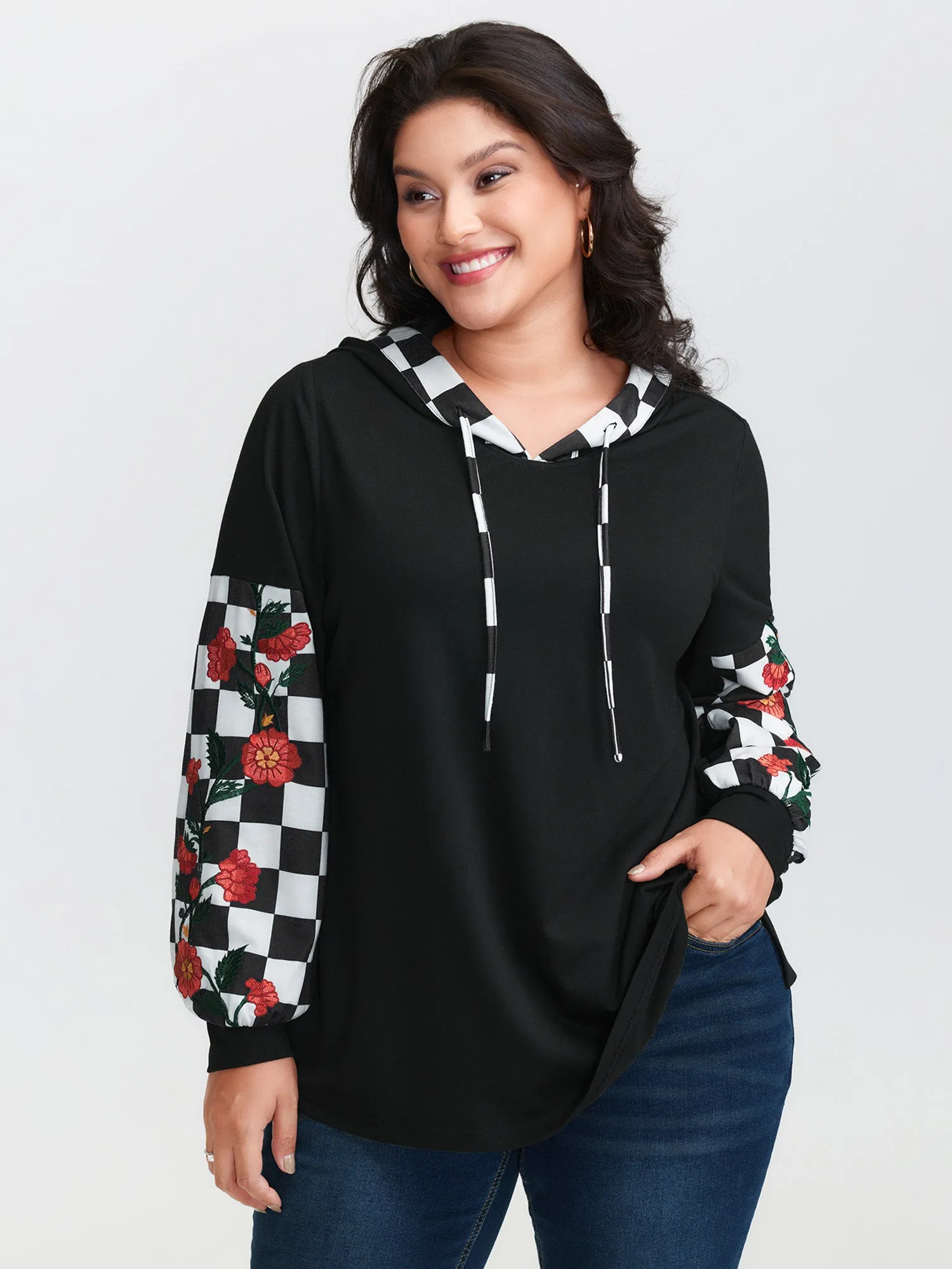 Checkered Stretchy Color Contrast Hoodie sold by Bloomchic