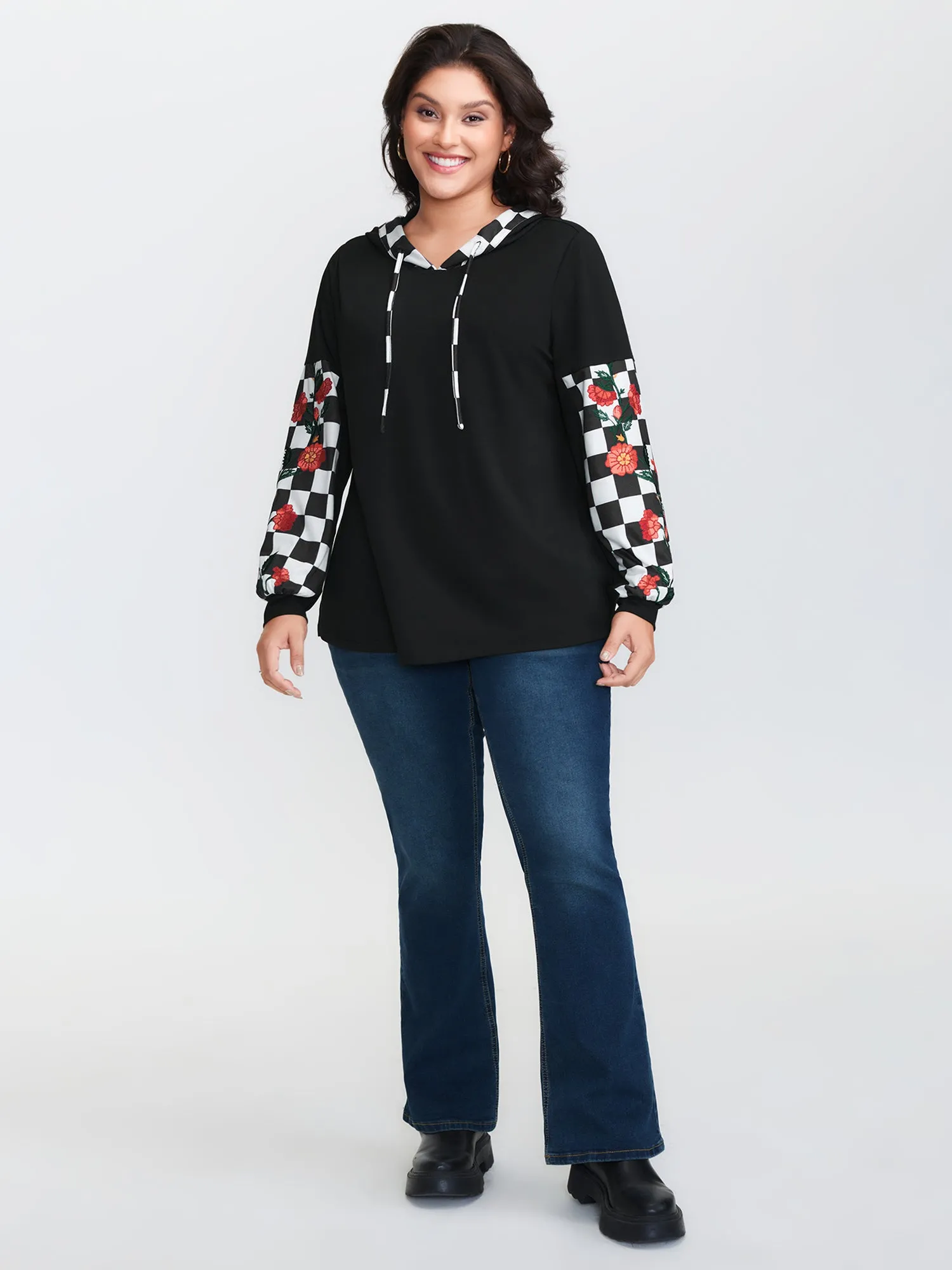 Checkered Stretchy Color Contrast Hoodie sold by Bloomchic product image thumbnail 3