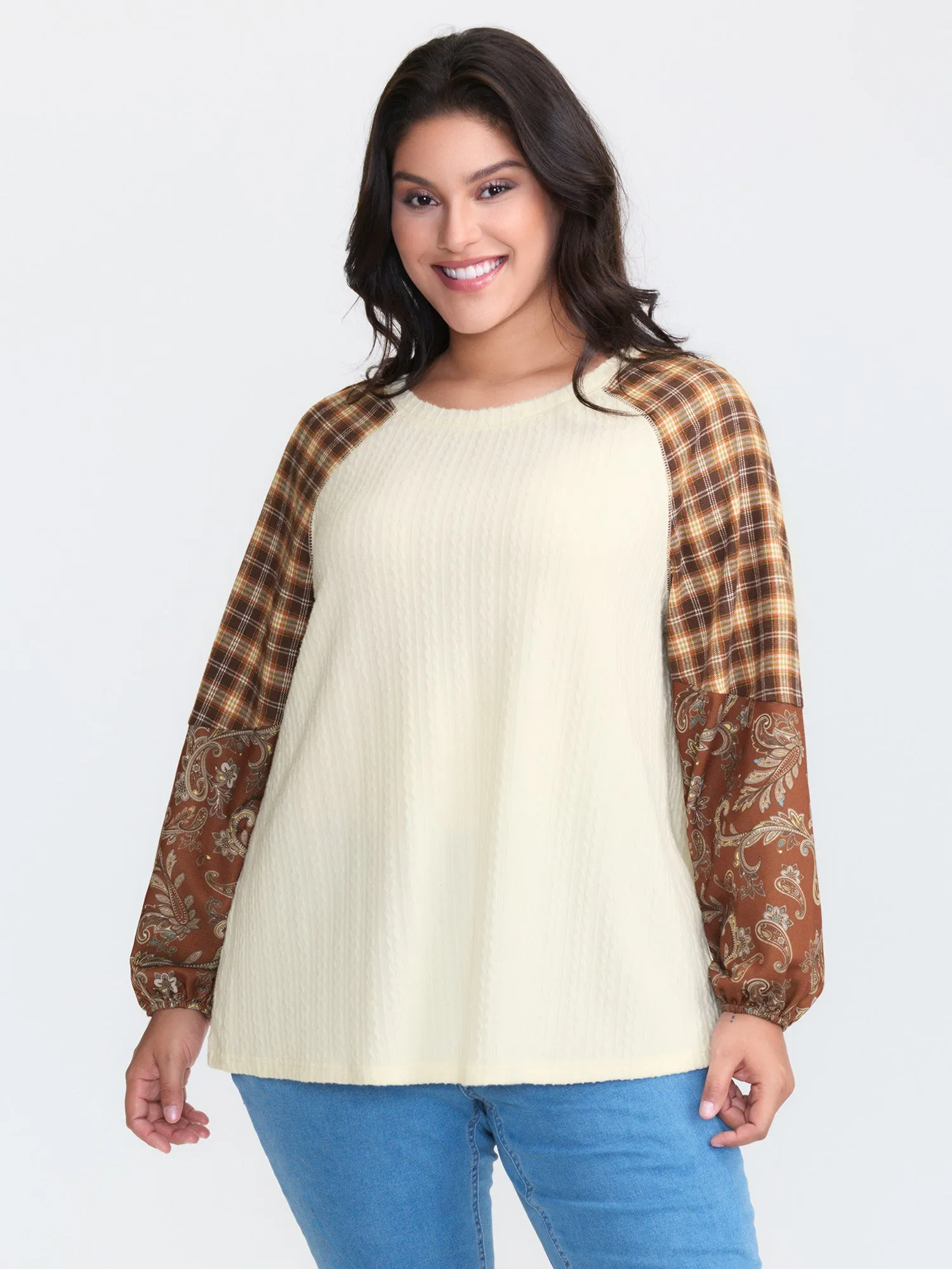 Plaid Paisley Print Textured Sweatshirt sold by Bloomchic