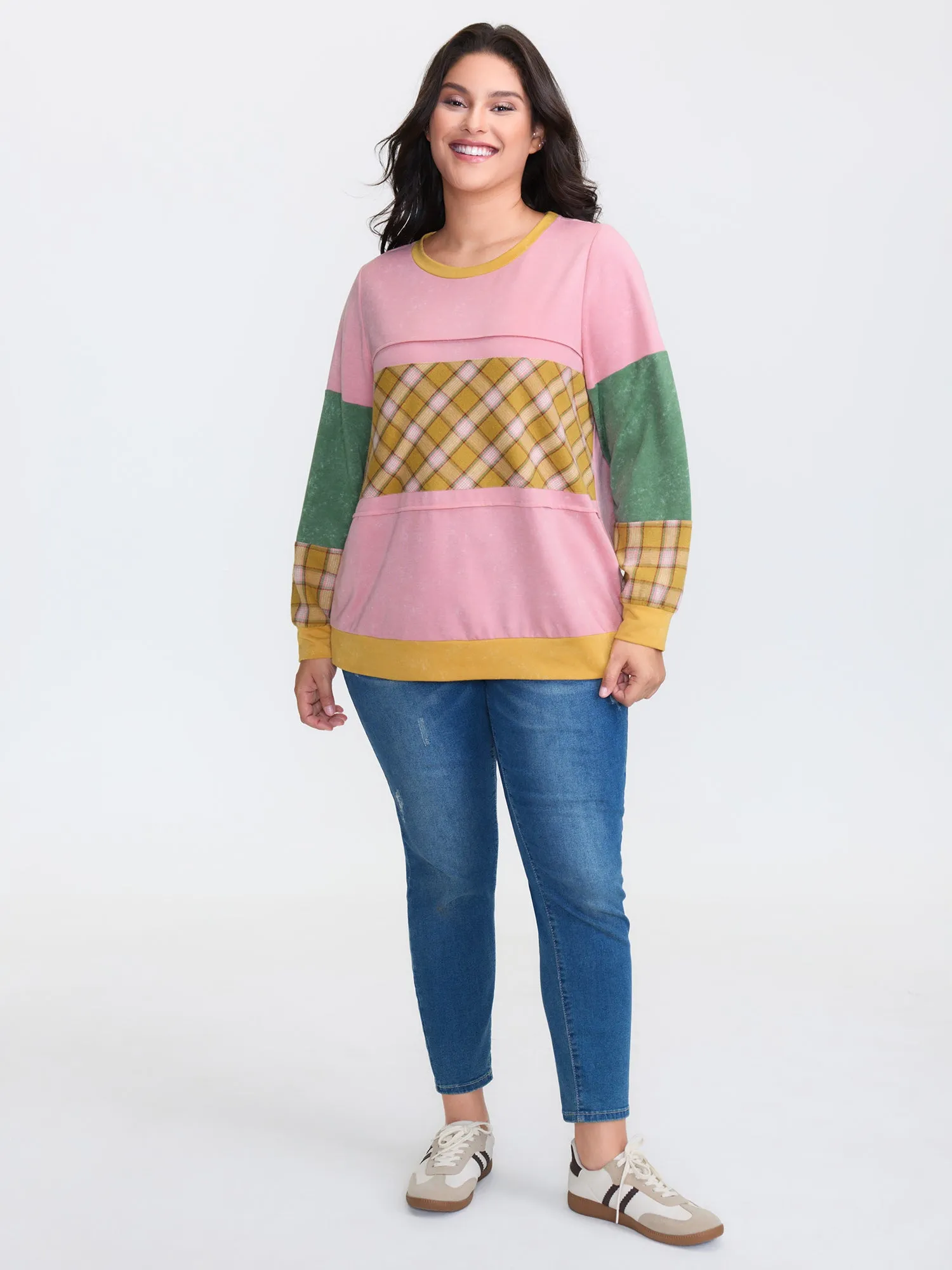Colorblock Plaid Round Neck Sweatshirt sold by Bloomchic product image thumbnail 3