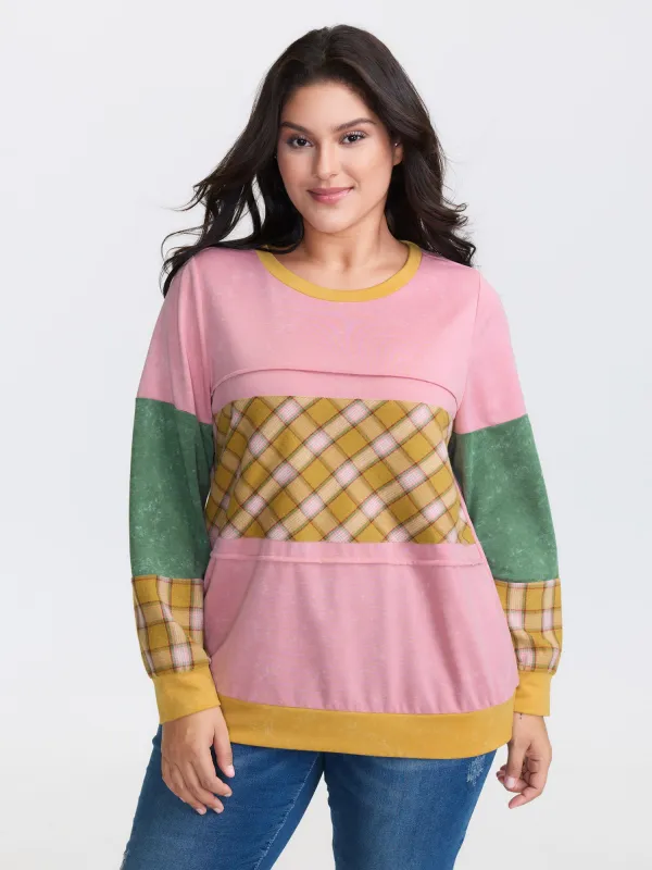 Colorblock Plaid Round Neck Sweatshirt sold by Bloomchic
