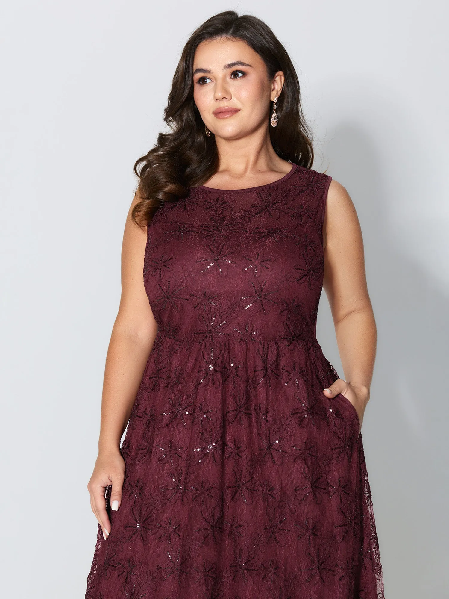 Sequin Floral Mesh Pockets Midi Dress sold by Bloomchic