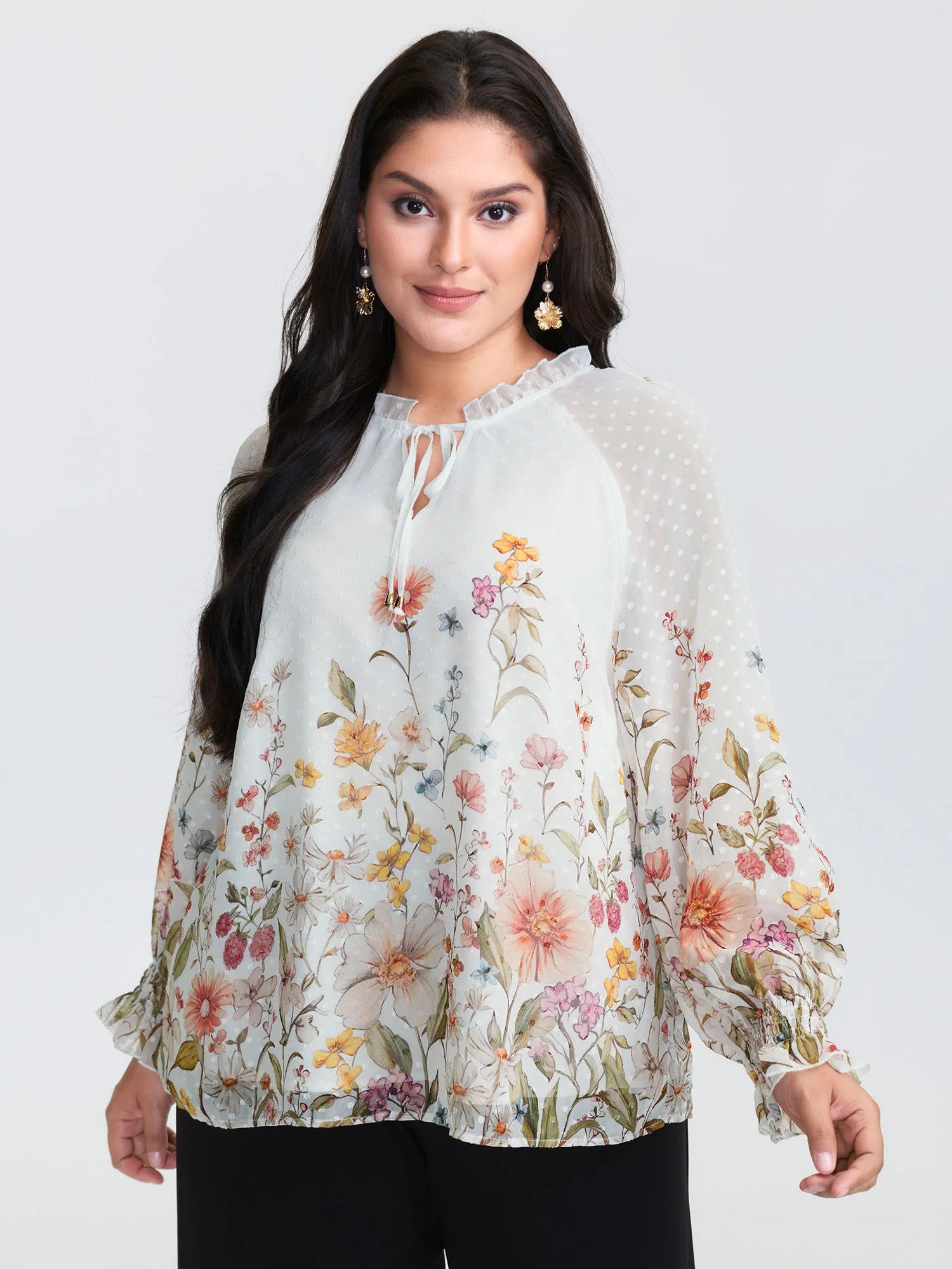 Floral Print Textured Ruffled Neckline Blouse sold by Bloomchic