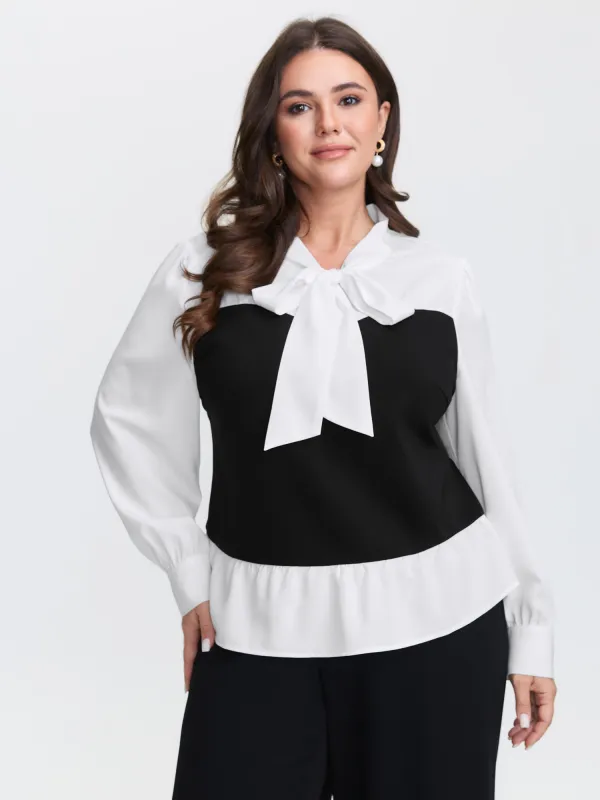 Colorblock Neckline Tie Layered Blouse sold by Bloomchic