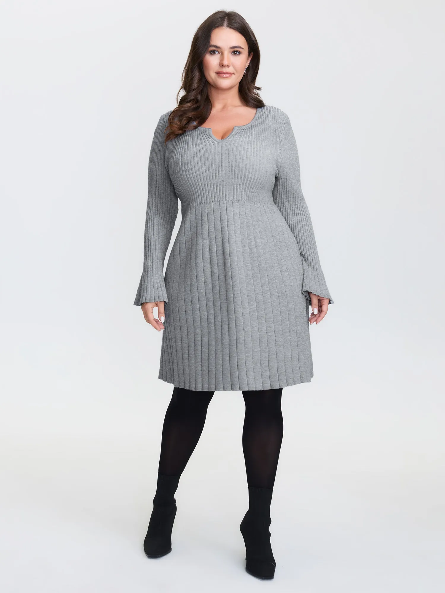 Supersoft Ribbed Split Neckline Flared Cuff Mini Dress sold by Bloomchic product image thumbnail 2