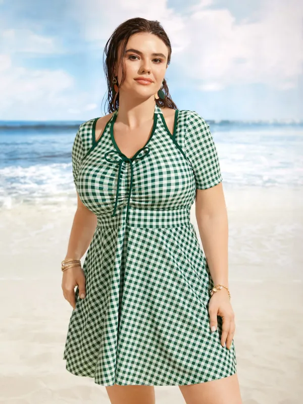 Gingham Patchwork Drawstring Tie Knot Swim Dress sold by Bloomchic