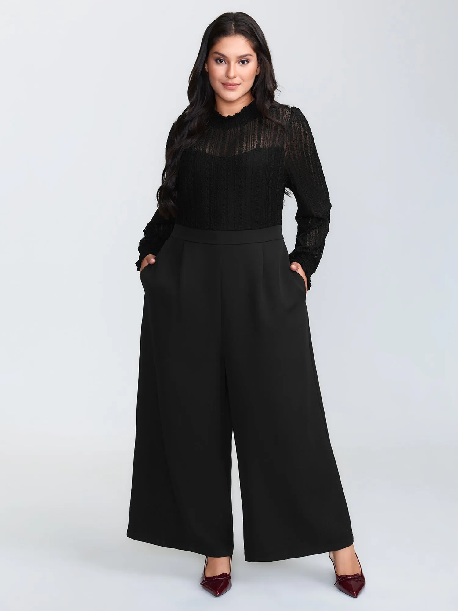 Geometric Lace Trim Sheer Wide-Leg Jumpsuit sold by Bloomchic