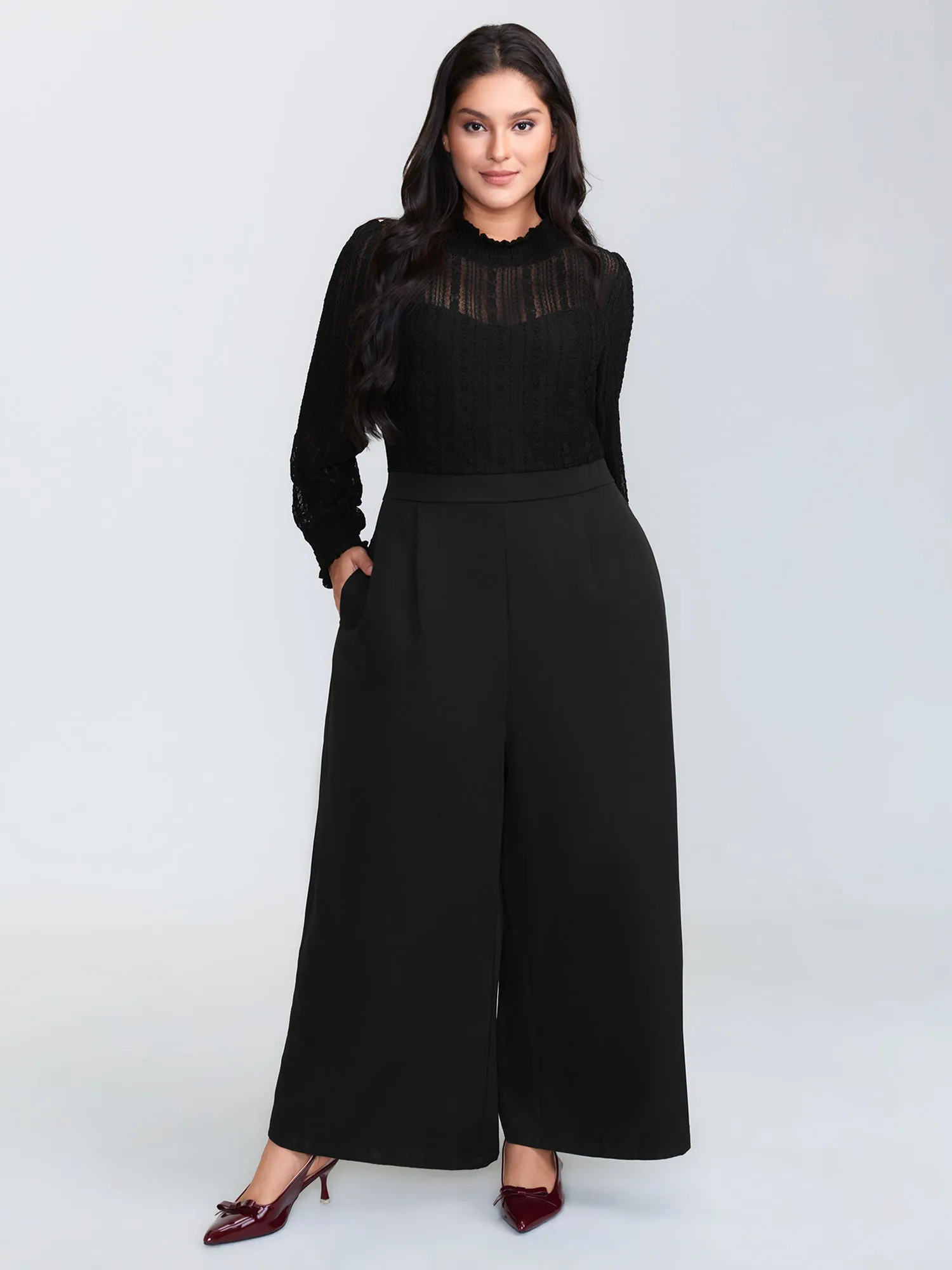 Geometric Lace Trim Sheer Wide-Leg Jumpsuit sold by Bloomchic product image thumbnail 3