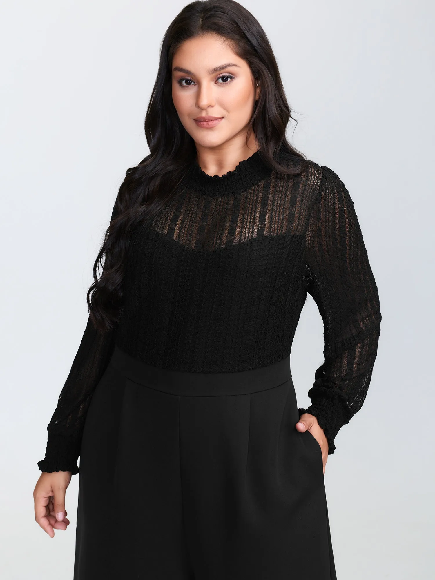 Geometric Lace Trim Sheer Wide-Leg Jumpsuit sold by Bloomchic product image thumbnail 2