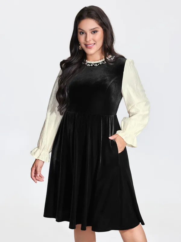 Velvet Contrast Pearl Detail Midi Dress sold by Bloomchic