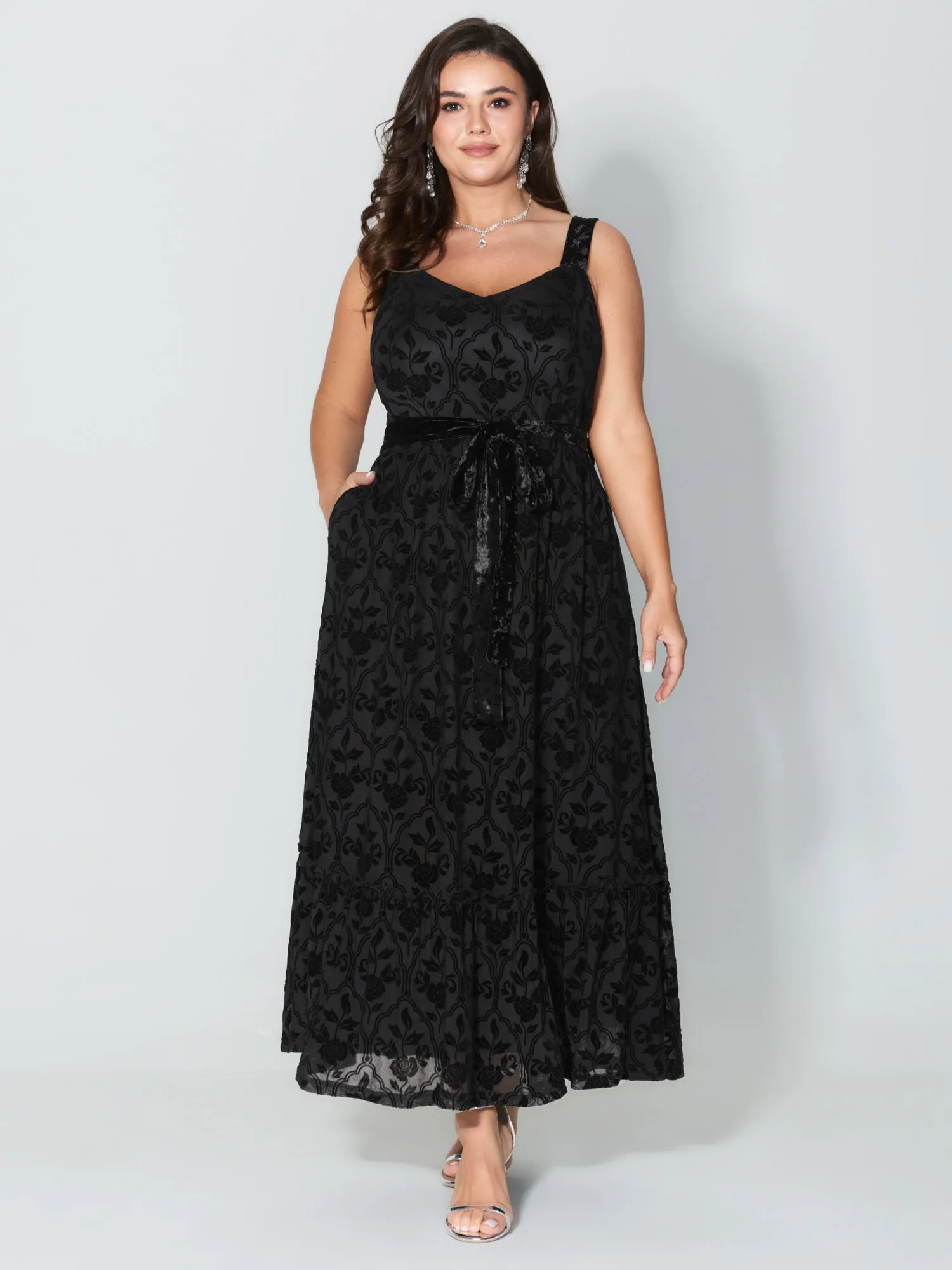 Flocked Spliced Velvety Tie Midi Dress sold by Bloomchic product image thumbnail 3