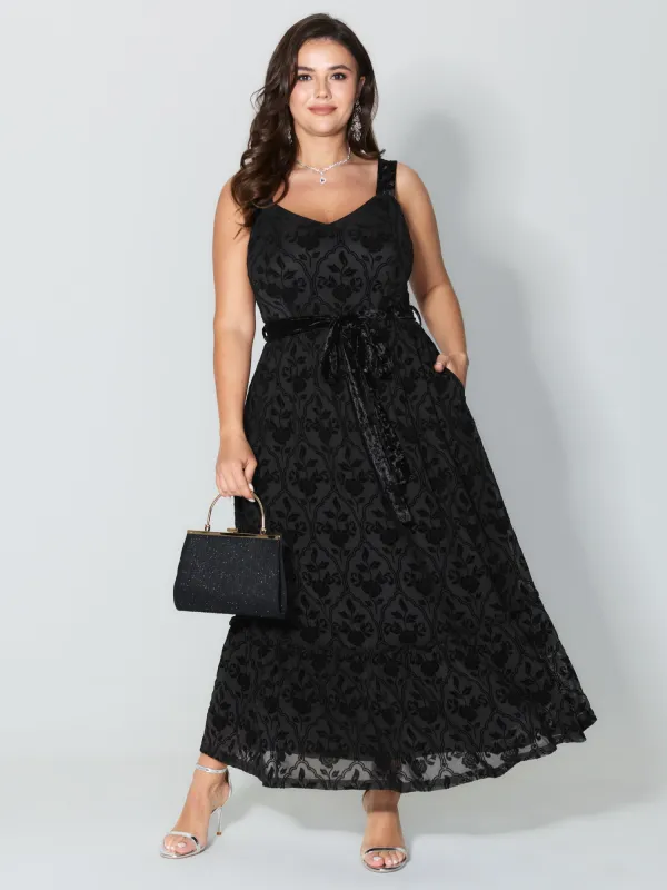 Flocked Spliced Velvety Tie Midi Dress sold by Bloomchic