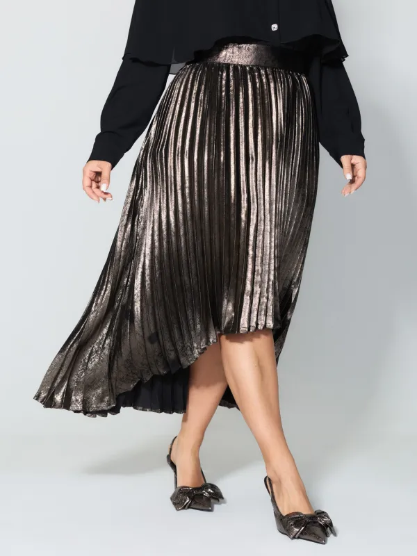 Metallic Shimmer High-Low Hem Pleated Midi Skirt sold by Bloomchic