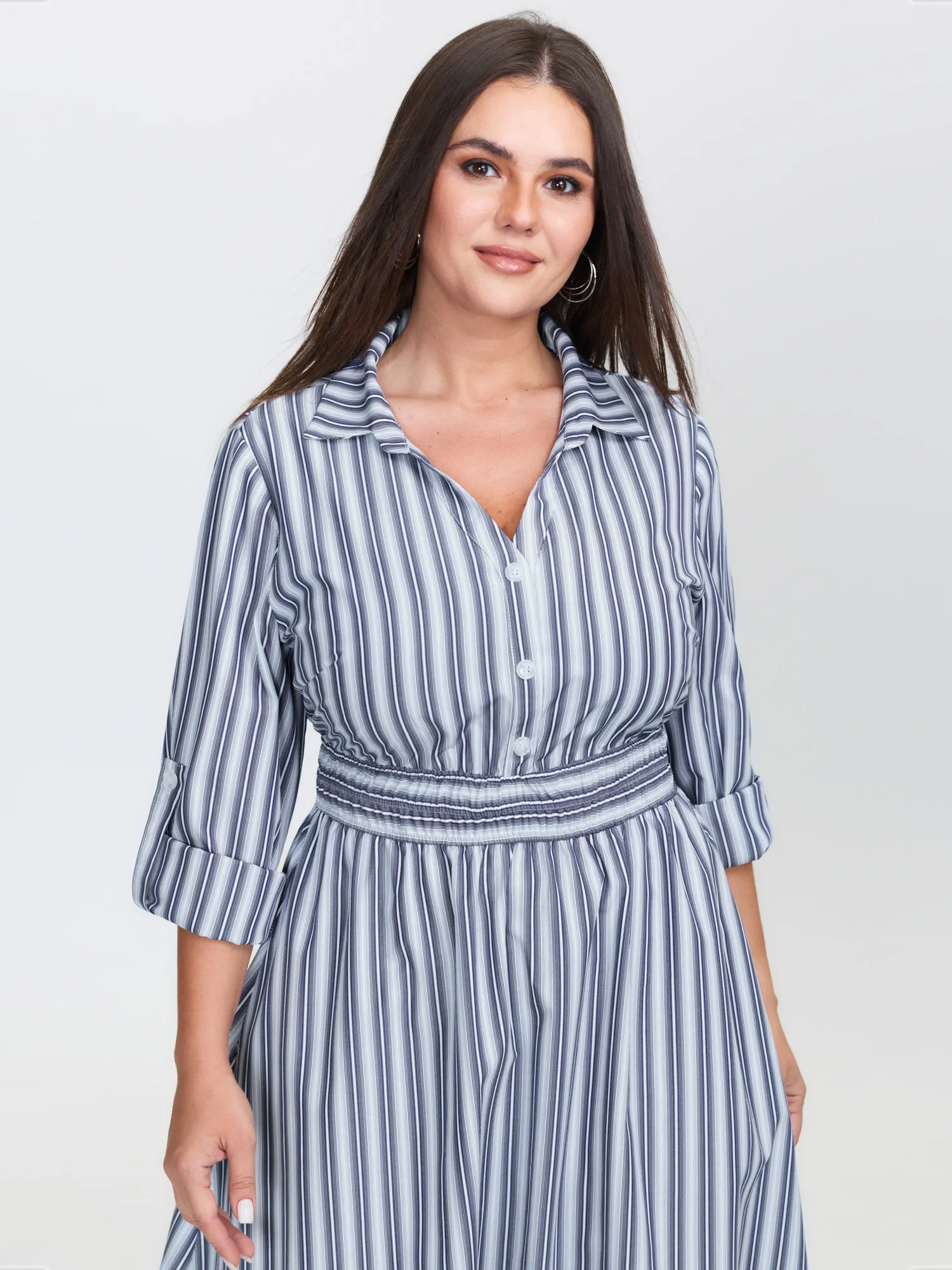 Monochrome Stripe Tab Sleeve Button Midi Dress sold by Bloomchic product image thumbnail 2