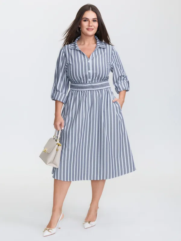 Monochrome Stripe Tab Sleeve Button Midi Dress sold by Bloomchic