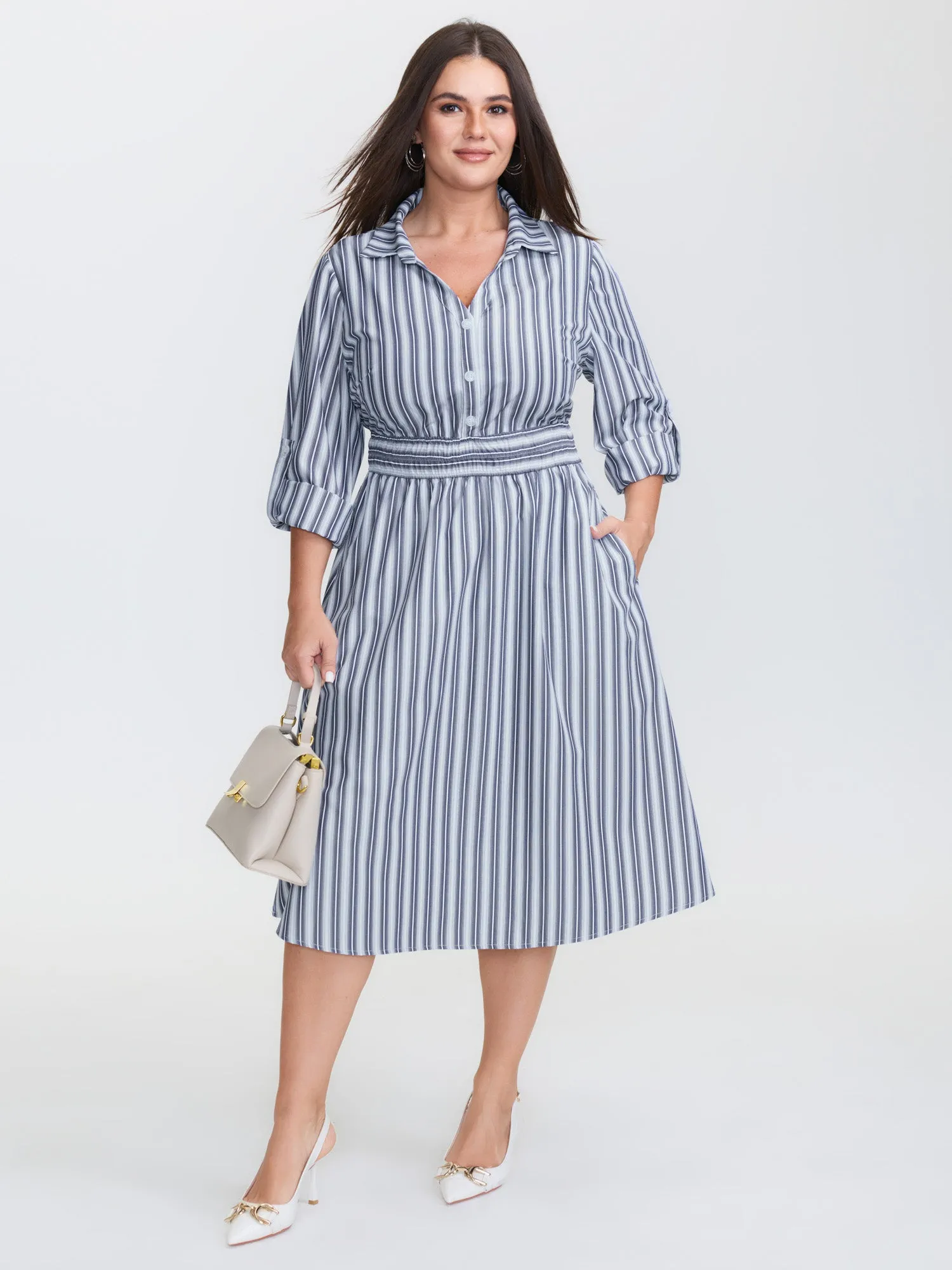 Monochrome Stripe Tab Sleeve Button Midi Dress sold by Bloomchic