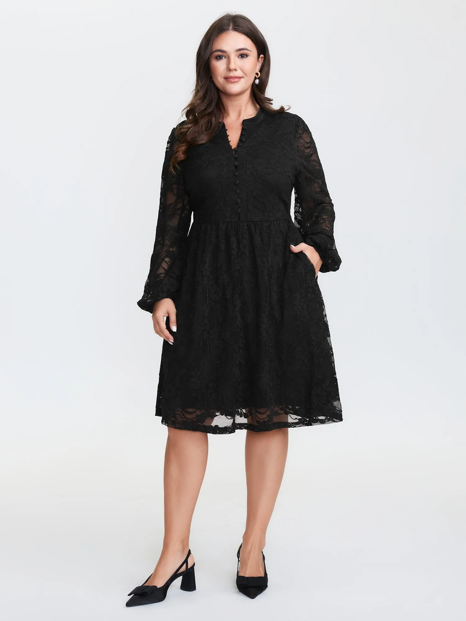 Sheer Lace Sleeve Waist-Defining Midi Dress sold by Bloomchic product image thumbnail 3