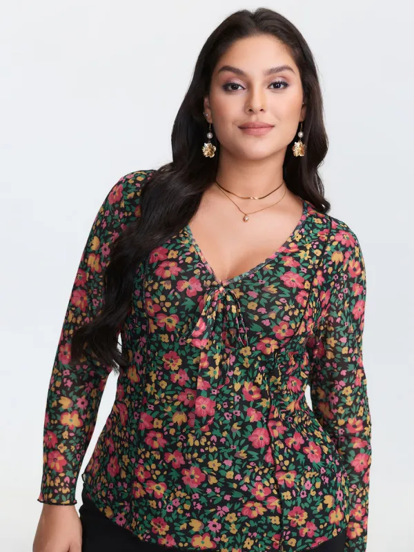 Floral Stretchy Mesh Front-Tie Blouse sold by Bloomchic