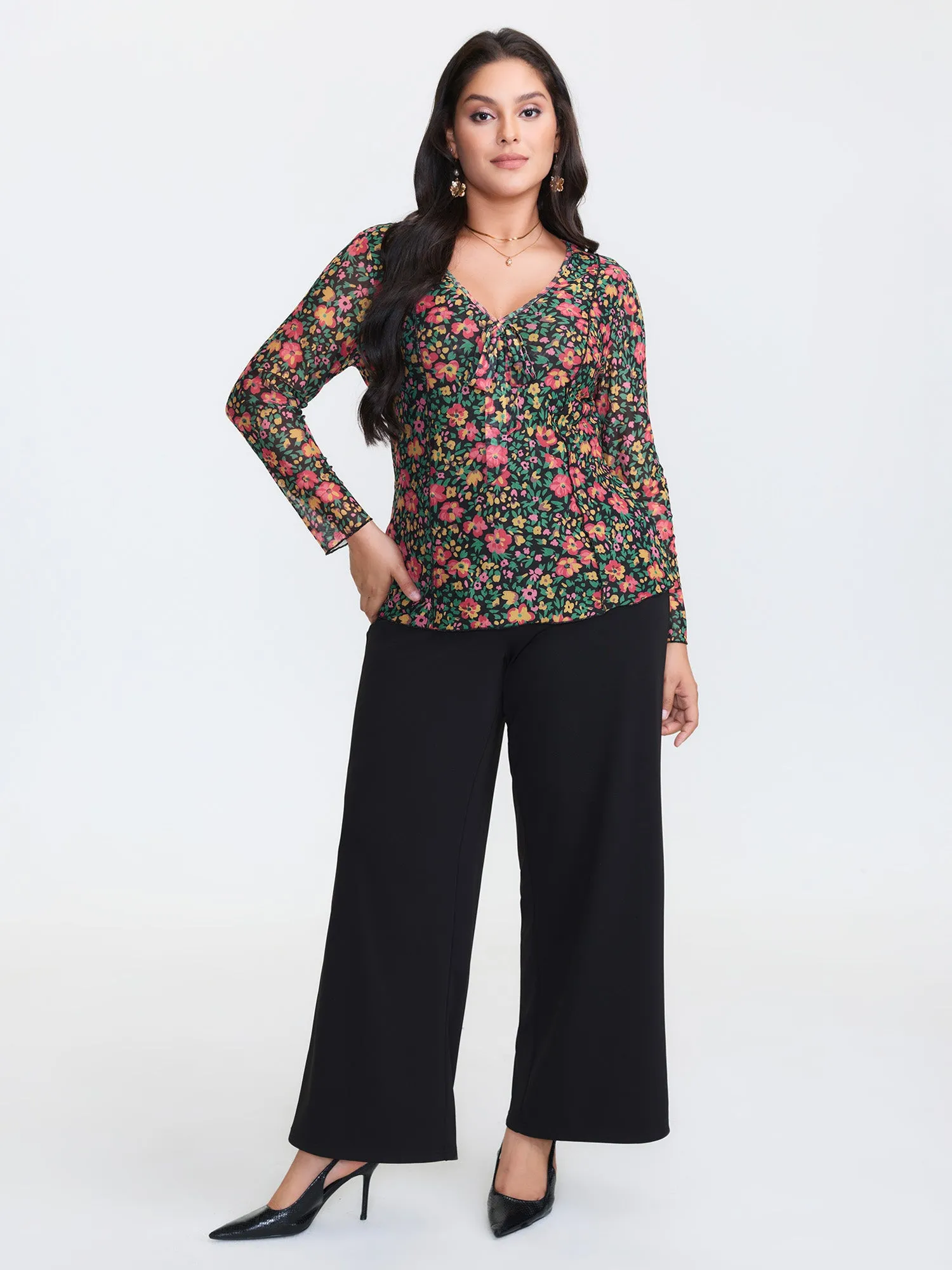 Floral Stretchy Mesh Front-Tie Blouse sold by Bloomchic product image thumbnail 2
