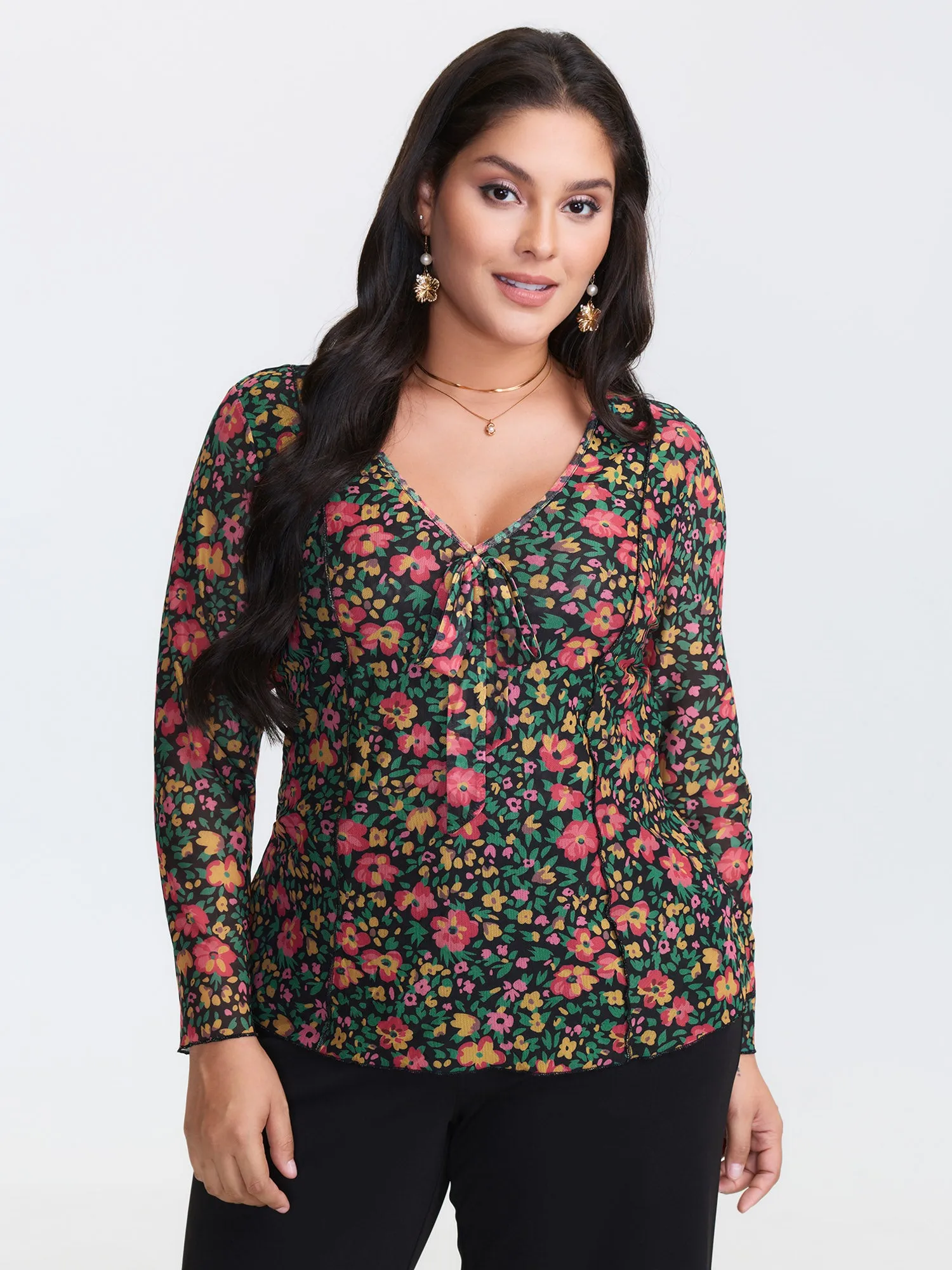 Floral Stretchy Mesh Front-Tie Blouse sold by Bloomchic product image thumbnail 4