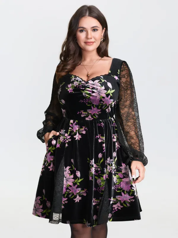 Velvet Floral Sheer Lace Knee Dress sold by Bloomchic