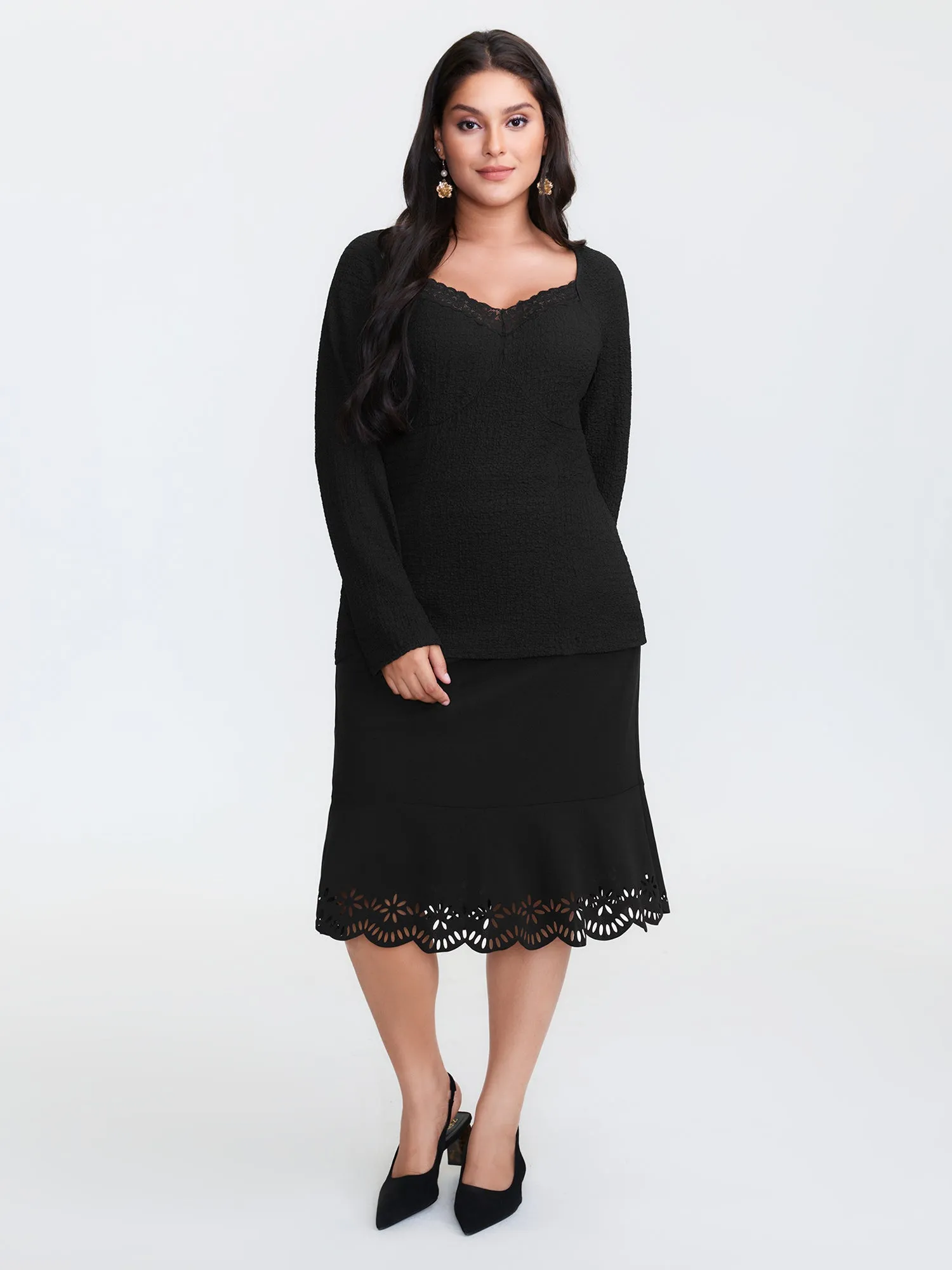 Stretchy Textured Lace Trim Fitted Knit Top sold by Bloomchic product image thumbnail 3