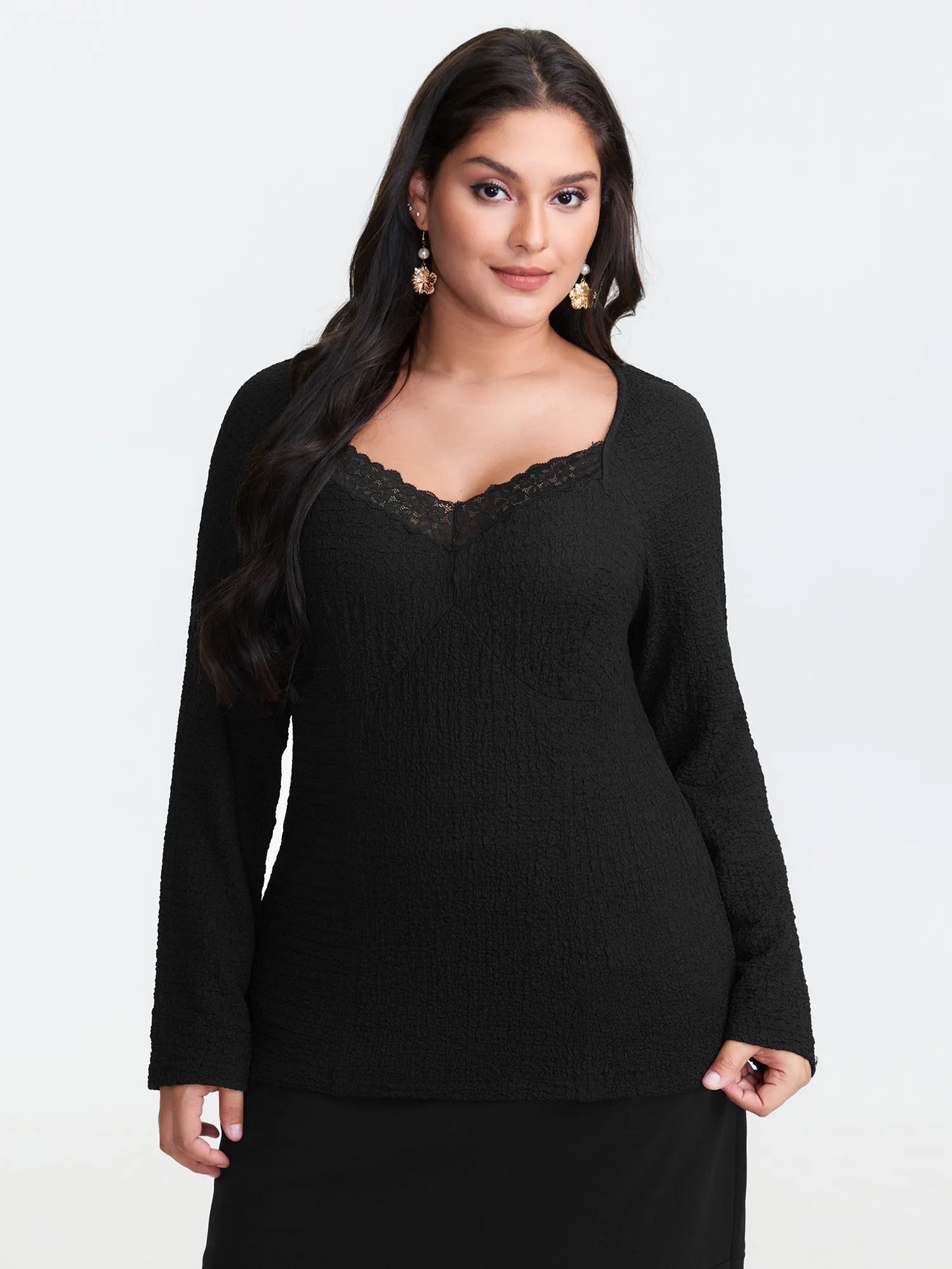 Stretchy Textured Lace Trim Fitted Knit Top sold by Bloomchic product image thumbnail 2