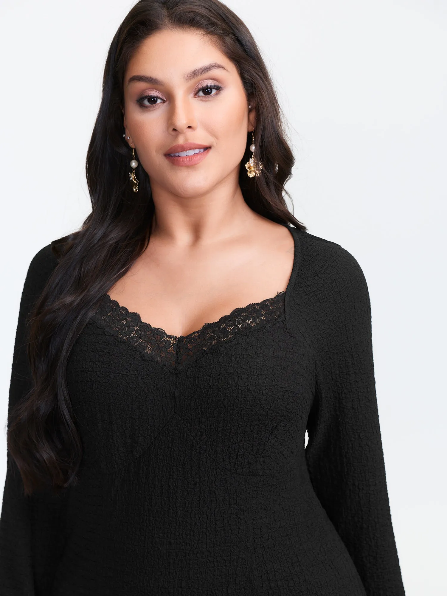 Stretchy Textured Lace Trim Fitted Knit Top sold by Bloomchic