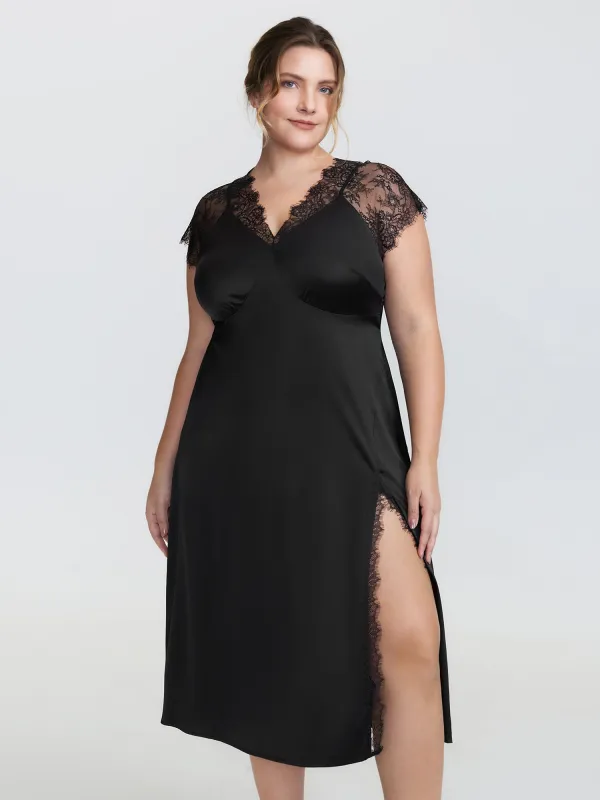 Sheer Lace Trim High Slit Sleep Dress sold by Bloomchic