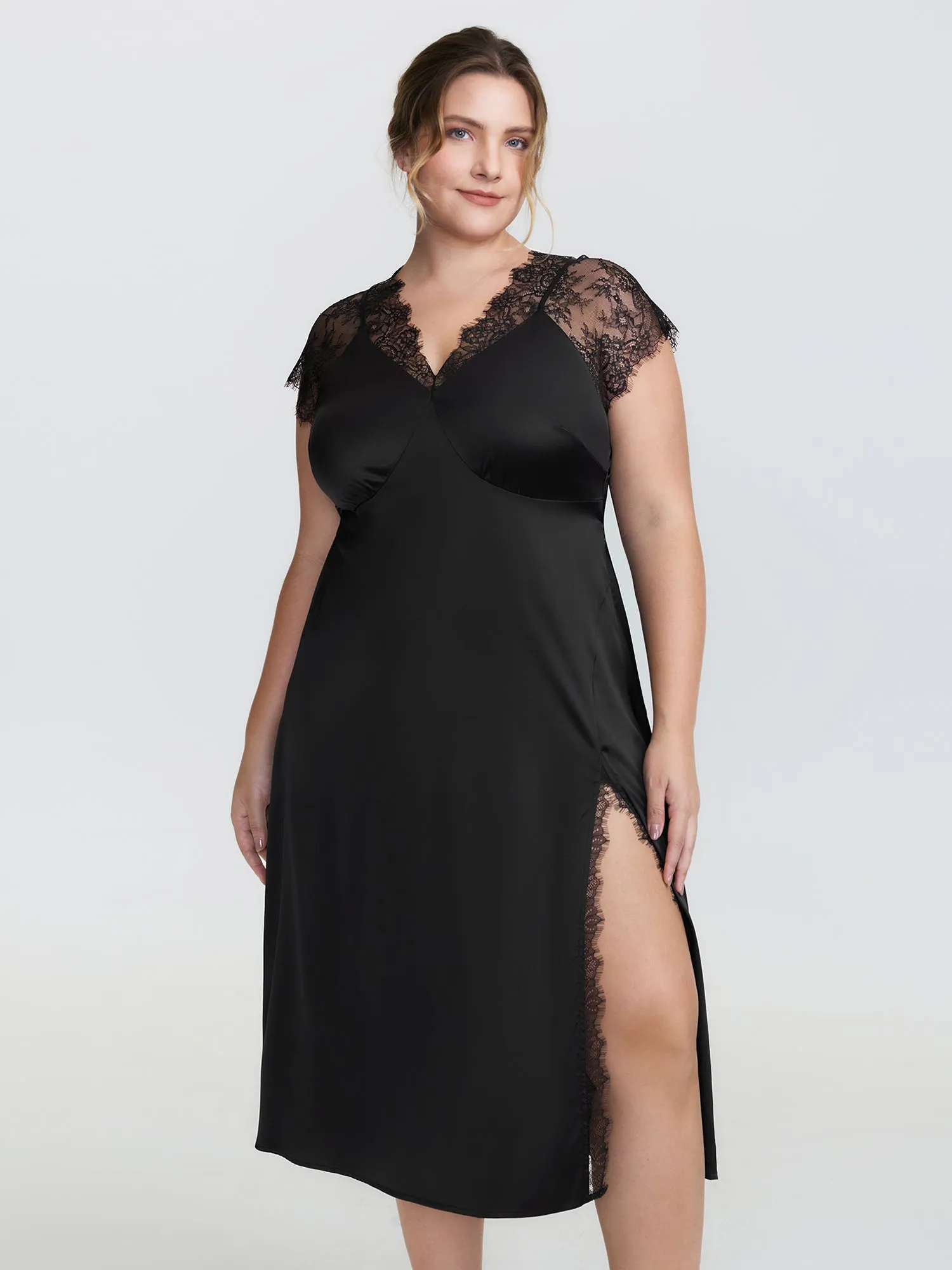 Sheer Lace Trim High Slit Sleep Dress sold by Bloomchic