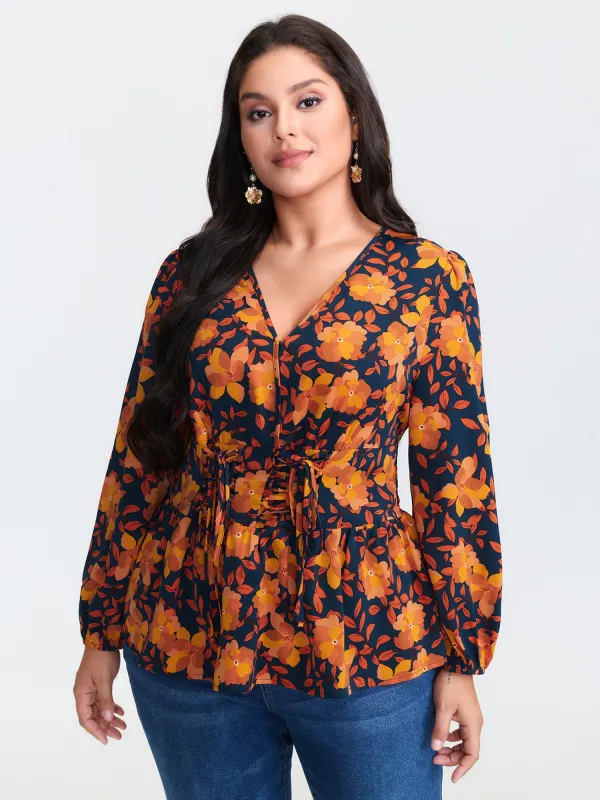 Crisp Leaf Print Shirred Waist Blouse sold by Bloomchic