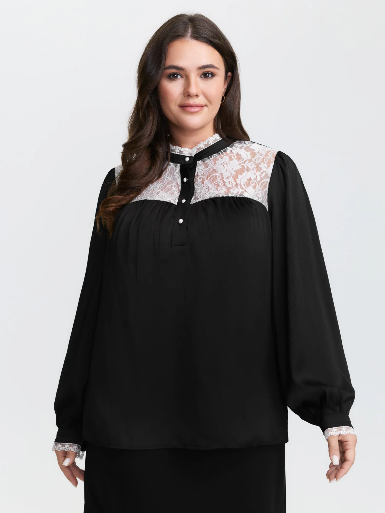 Lace Trim Mock Neck Button Blouse sold by Bloomchic product image thumbnail 4