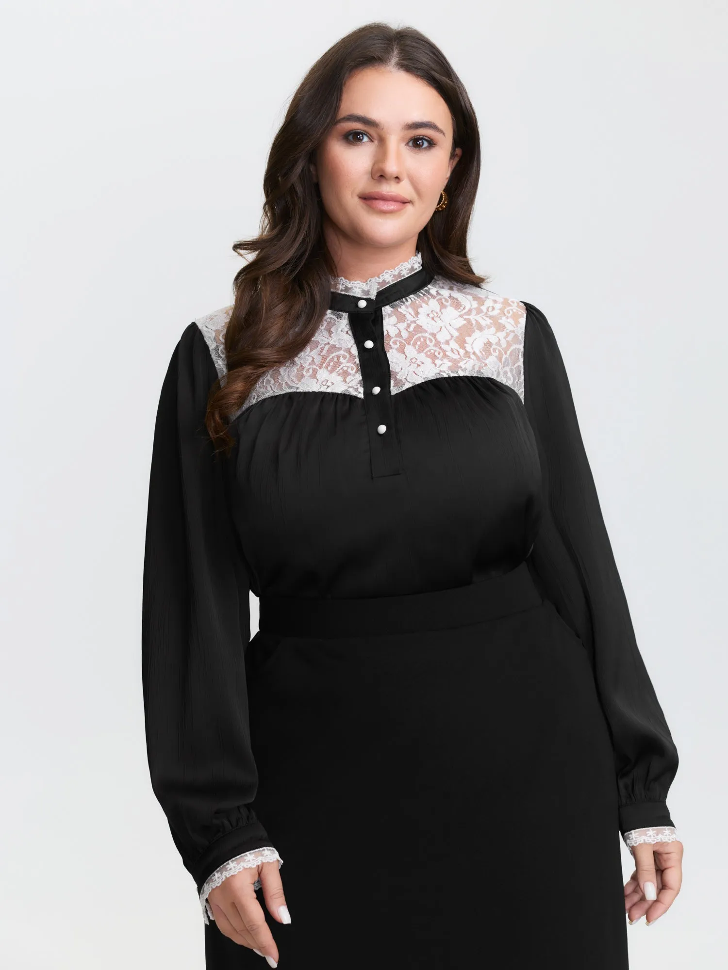 Lace Trim Mock Neck Button Blouse sold by Bloomchic