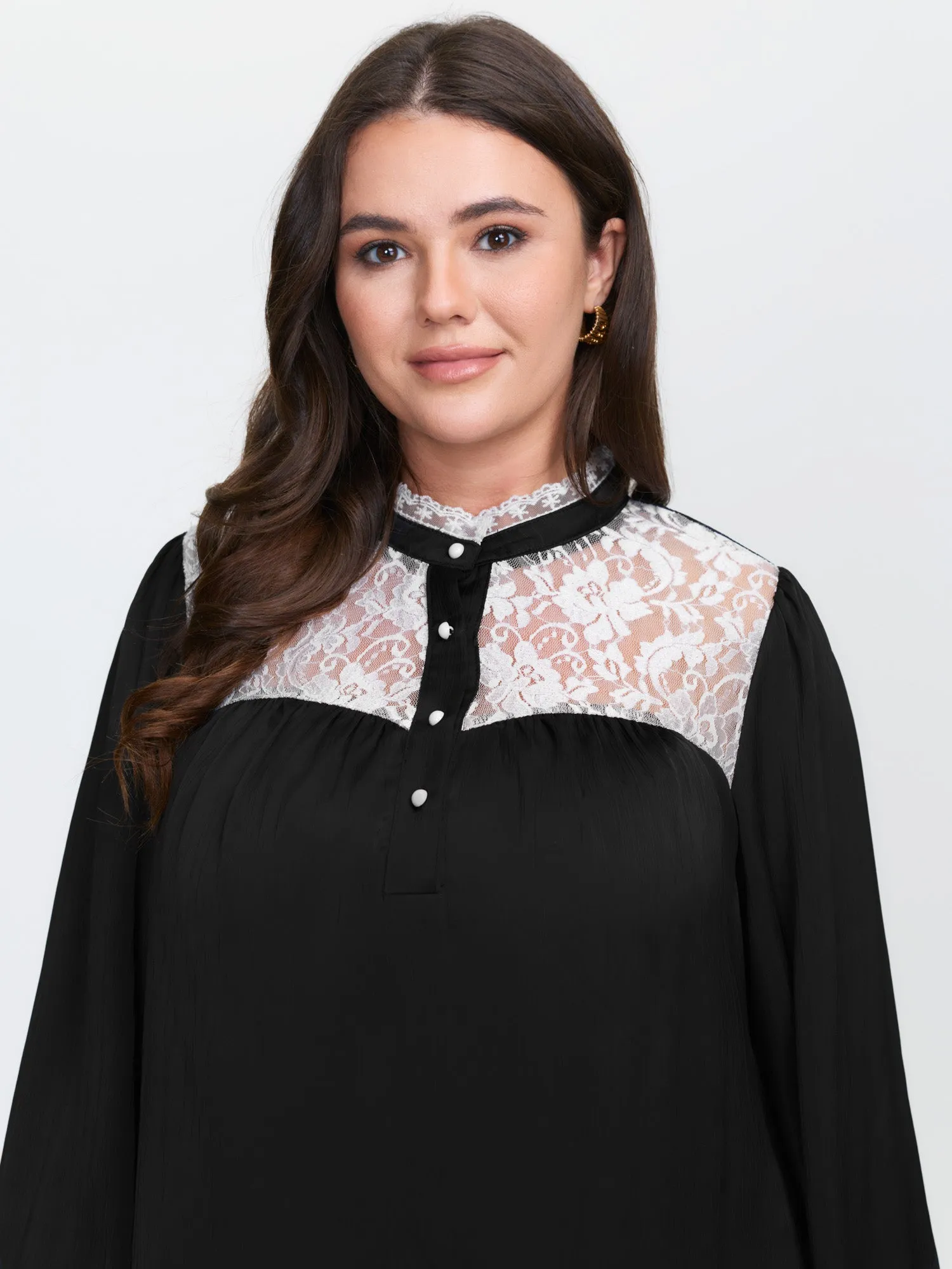 Lace Trim Mock Neck Button Blouse sold by Bloomchic product image thumbnail 2
