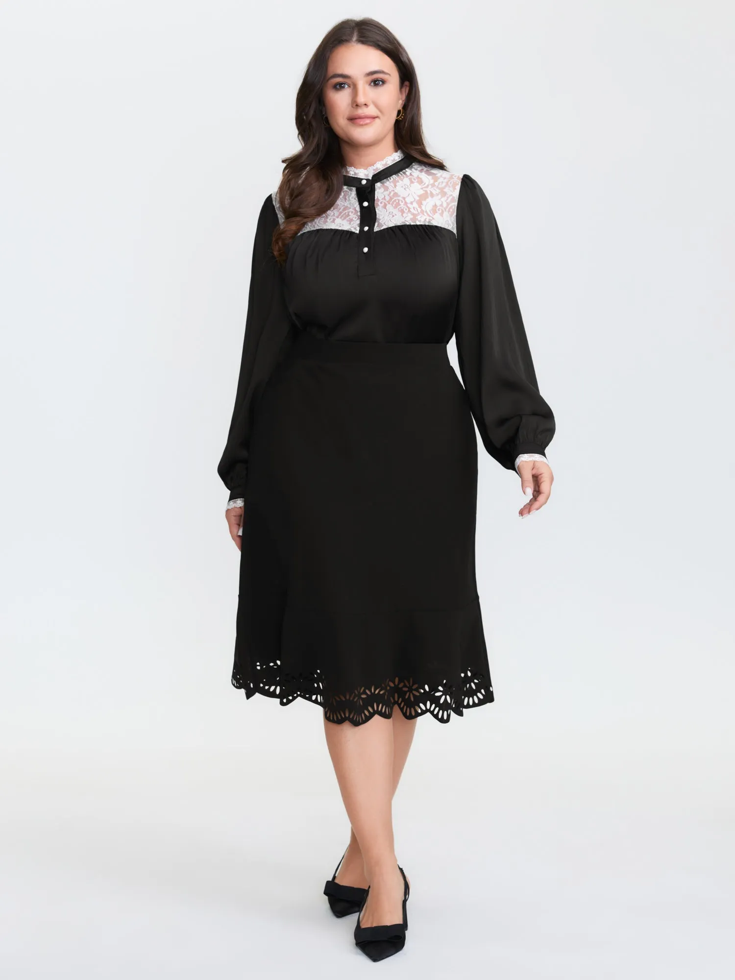 Lace Trim Mock Neck Button Blouse sold by Bloomchic product image thumbnail 3