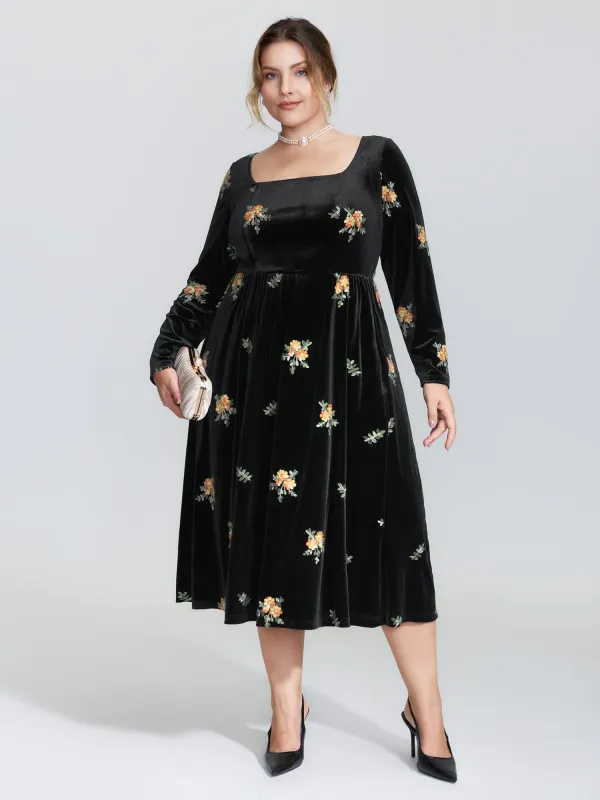 Velvet Floral Embroidered Pockets Midi Dress sold by Bloomchic