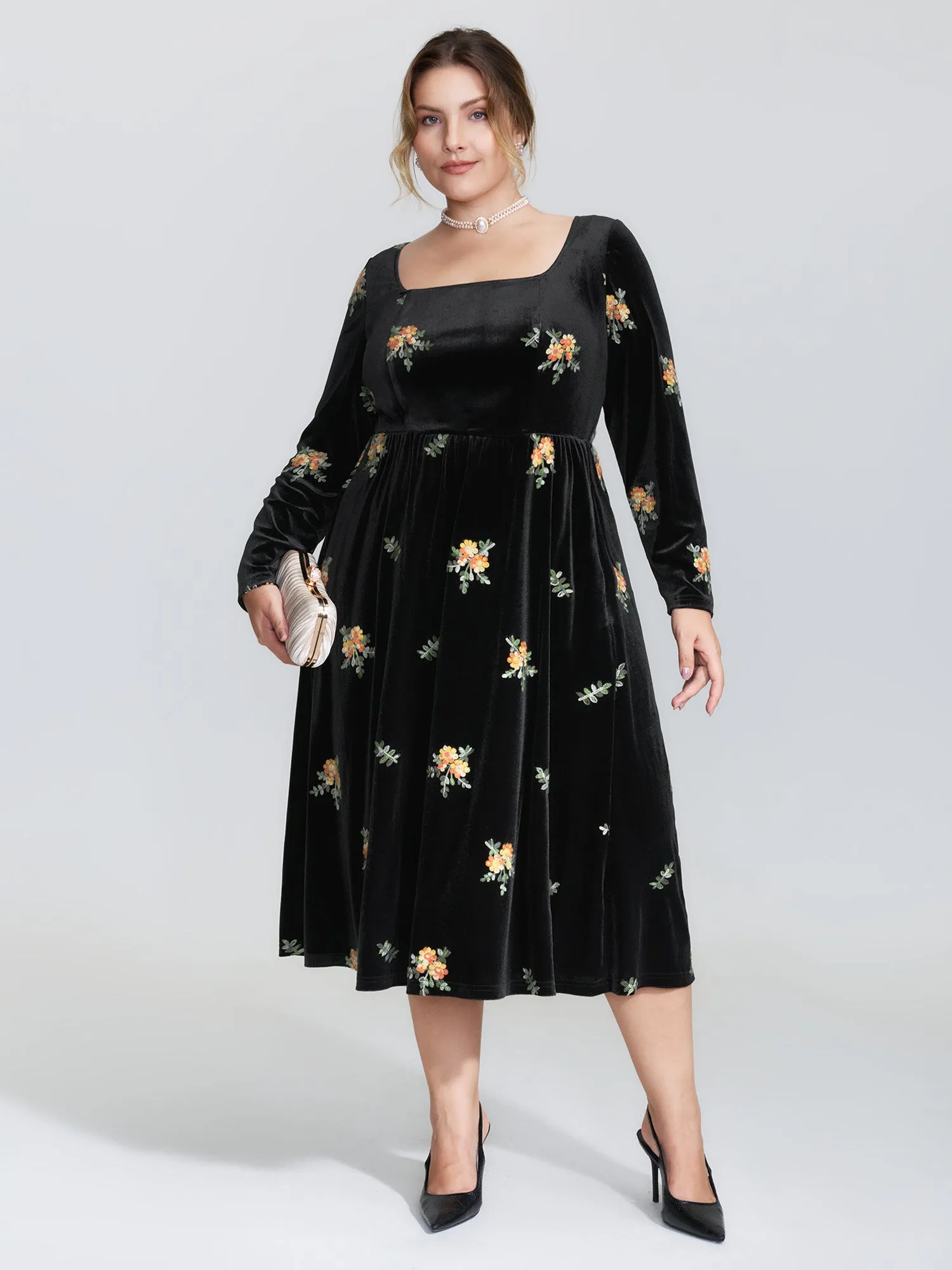 Velvet Floral Embroidered Pockets Midi Dress sold by Bloomchic