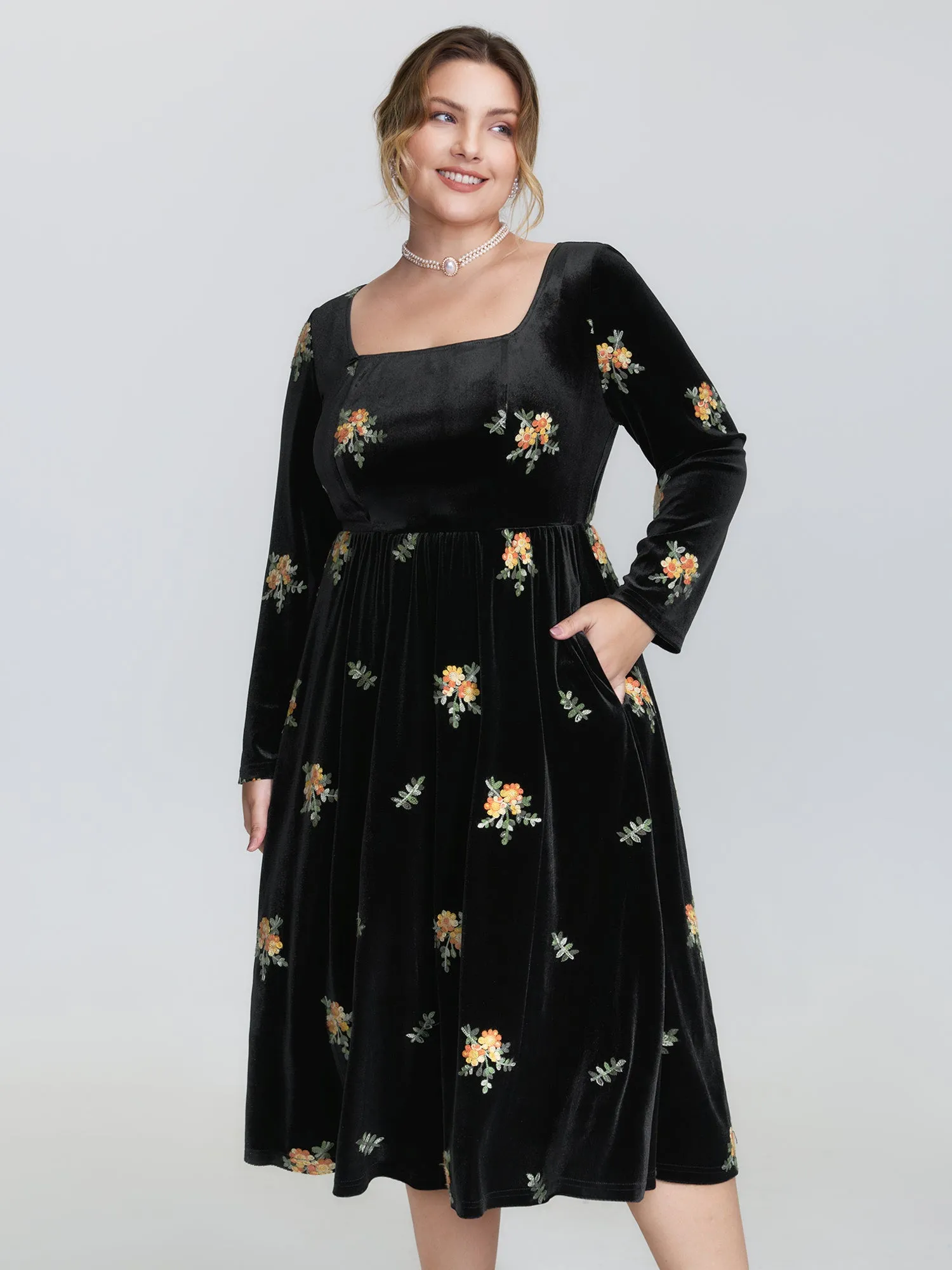Velvet Floral Embroidered Pockets Midi Dress sold by Bloomchic product image thumbnail 3