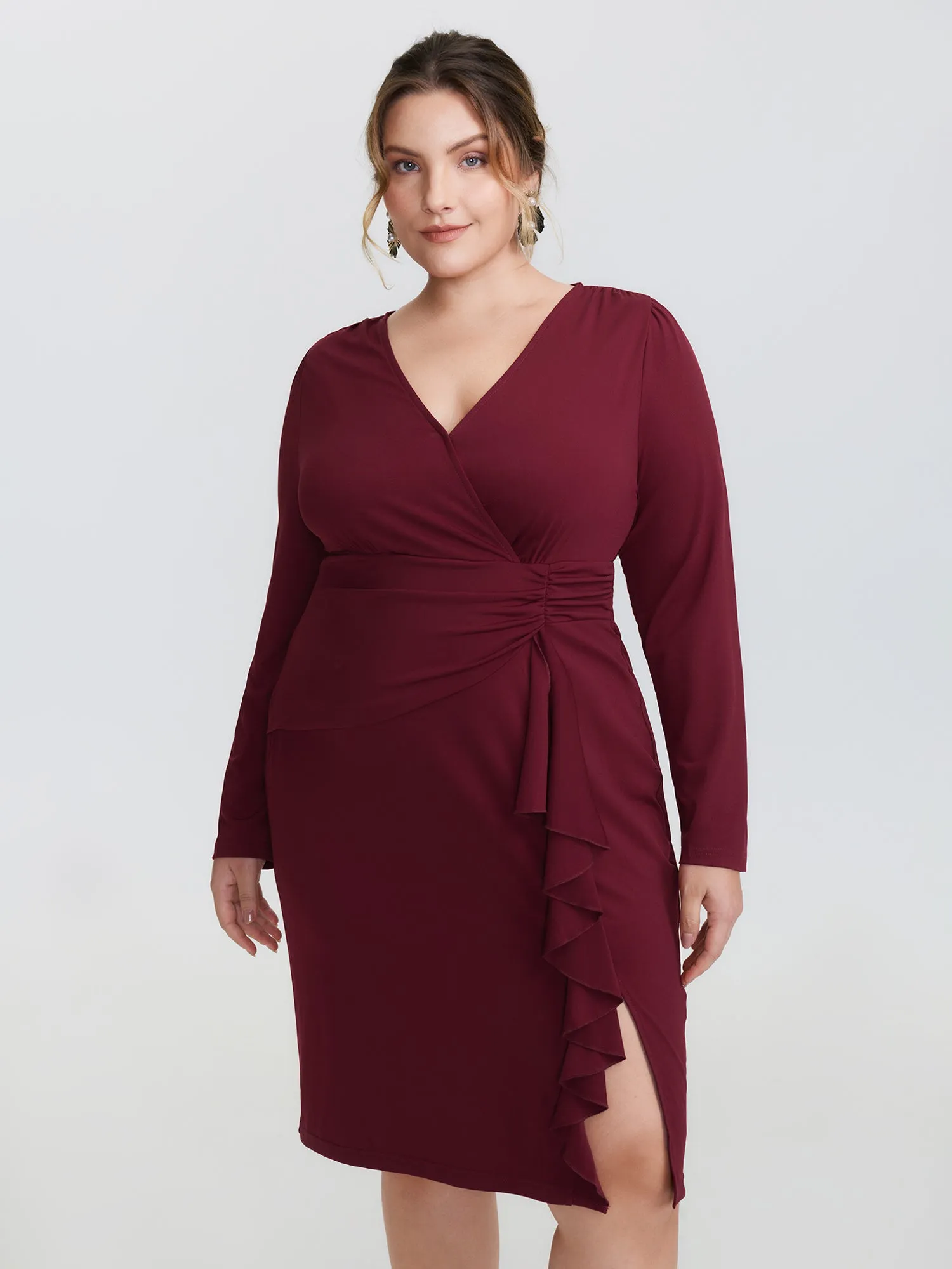 Stretchy Pleated Ruffed Hem Bodycon Fit Midi Dress sold by Bloomchic