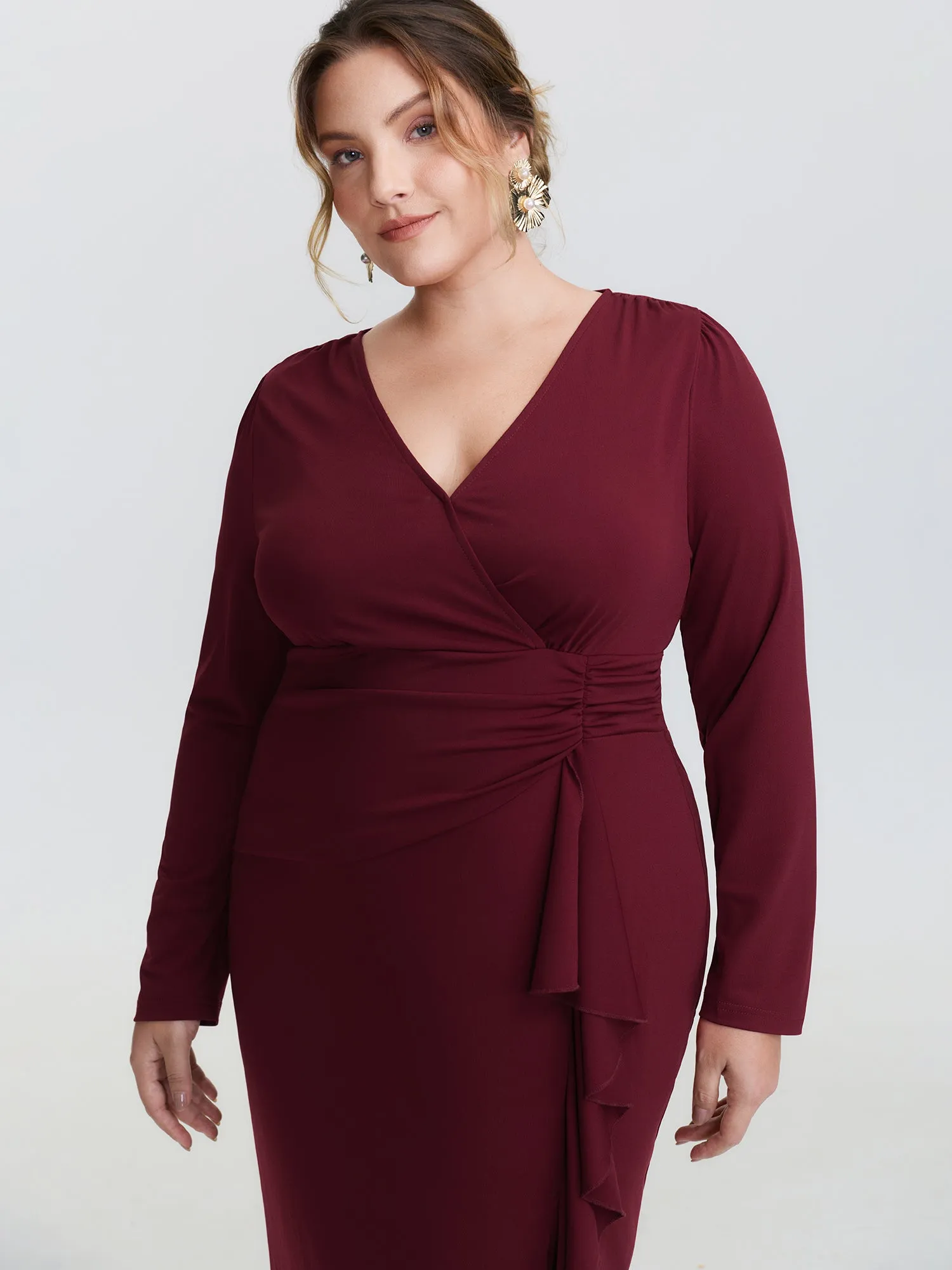 Stretchy Pleated Ruffed Hem Bodycon Fit Midi Dress sold by Bloomchic product image thumbnail 3