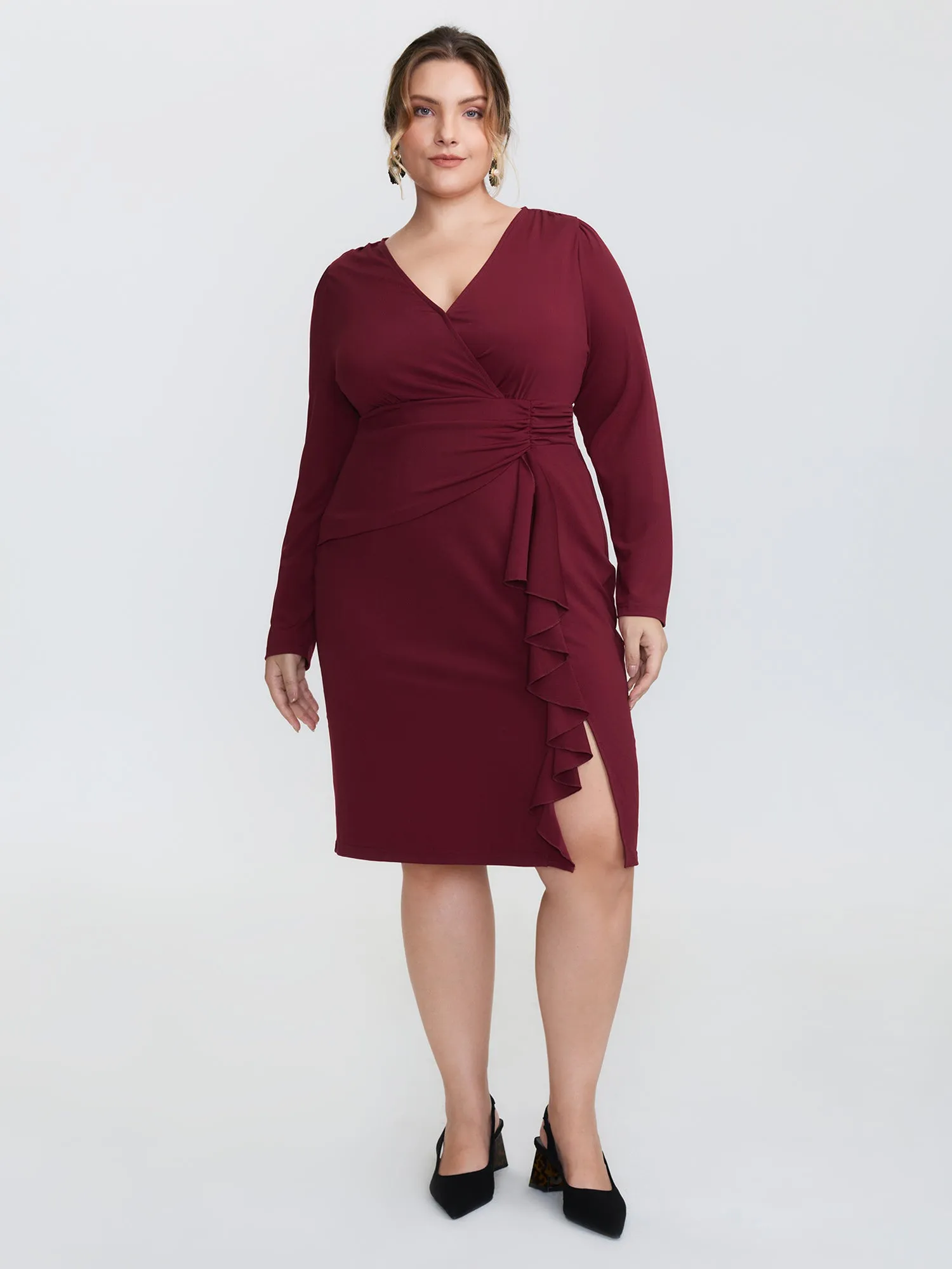 Stretchy Pleated Ruffed Hem Bodycon Fit Midi Dress sold by Bloomchic product image thumbnail 2